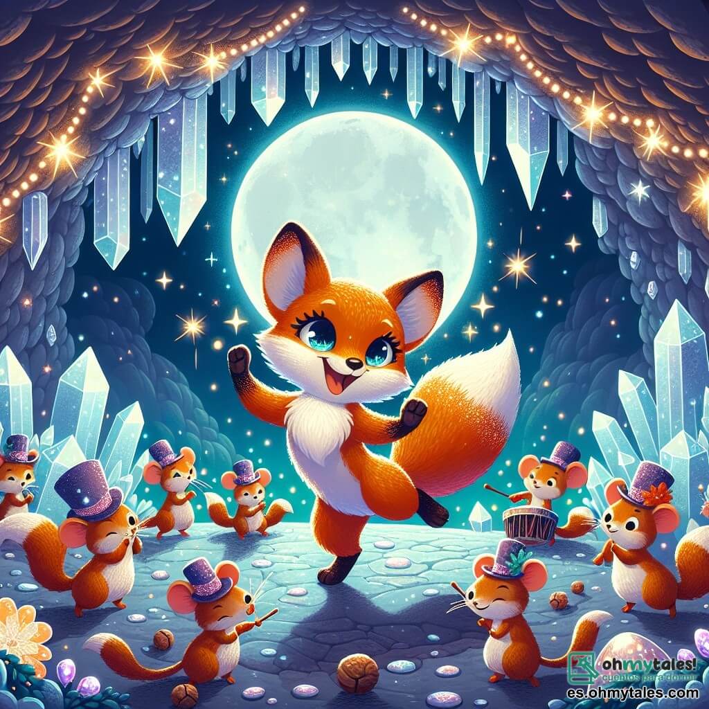 Ilustración que representa una mágica luz de luna en una cueva encantada, donde las paredes están adornadas con cristales brillantes y flores luminosas. En el centro, un zorro de pelaje naranja brillante, con grandes ojos chispeantes y una cola esponjosa, danza alegremente, con sus patas levantadas en el aire, rodeado de pequeños roedores festivos. Entre ellos, ratones de orejas redondas y ojos brillantes, que llevan sombreros coloridos, golpean nueces para crear una música animada. La escena irradia un ambiente festivo, con risas y movimientos dinámicos, mientras el zorro y sus amigos se divierten juntos bajo la suave luz de la luna. Estrellas brillantes iluminan el cielo a la entrada de la cueva, añadiendo un toque de magia a esta alegre celebración.