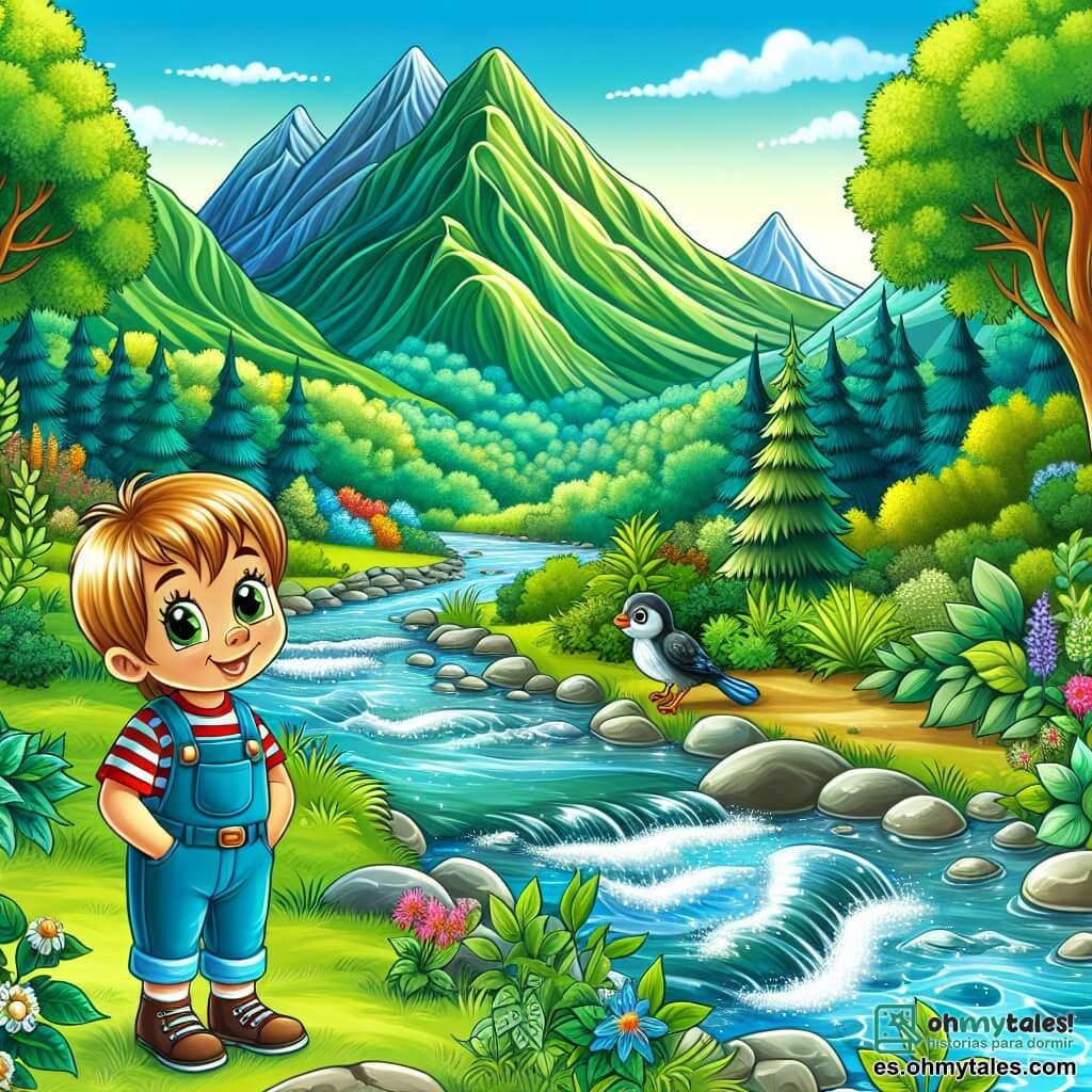 Une illustration destinée aux enfants représentant un petit garçon curieux, faisant la rencontre d'un nouveau camarade dans un parc entouré de montagnes verdoyantes et d'un ruisseau étincelant.