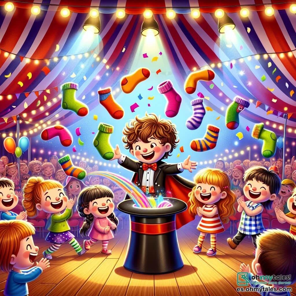 Ilustración que representa una escena mágica bajo un gran carpa de circo colorida, con rayas rojas y blancas que flotan al viento. Dentro, luces centelleantes iluminan el espacio, creando un ambiente alegre y festivo. En el centro de la imagen, un niño de cinco años, con cabello castaño desordenado, lleva un traje de mago negro con una capa roja. Está sacudiendo un gran sombrero mágico del cual salen calcetines multicolores que vuelan por el aire. A su lado, tres niñas de cinco años, una con trenzas rubias, otra con cabello castaño rizado y la última con cabello negro liso, visten ropa colorida y ríen a carcajadas, maravilladas por el espectáculo. La escena muestra los calcetines flotando a su alrededor, creando una cascada de colores vivos. Al fondo, espectadores divertidos, niños y padres, aplauden y ríen, añadiendo a la atmósfera de alegría y magia. Confetis de colores caen del cielo y globos flotan, reforzando el espíritu festivo del circo.