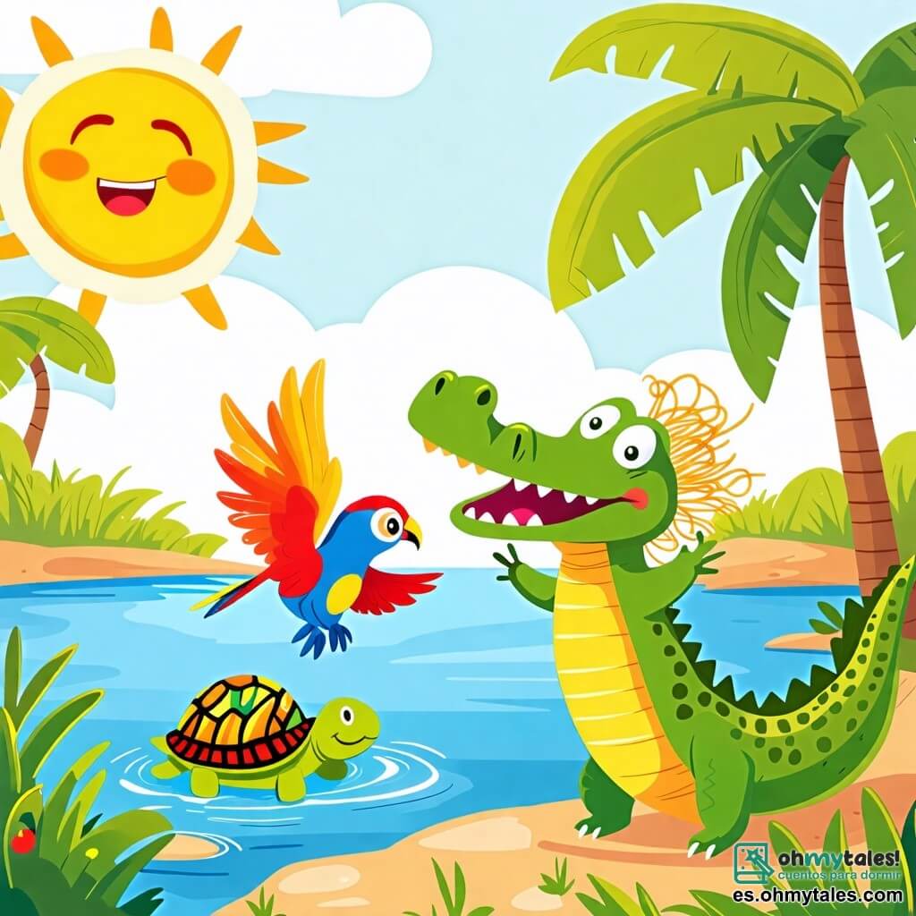 Une illustration sous forme de dessin destinée aux enfants représentant une scène ensoleillée au bord d'une rivière, où un crocodile vert avec un peigne en forme de spaghetti sur la tête danse joyeusement, entouré d'un perroquet coloré aux plumes éclatantes qui rit en volant autour de lui, tandis qu'une tortue au carapace rayée sourit en se déplaçant lentement sur la berge, le tout dans une ambiance joyeuse et ludique, illustrant l'amitié et la légèreté des moqueries amicales.