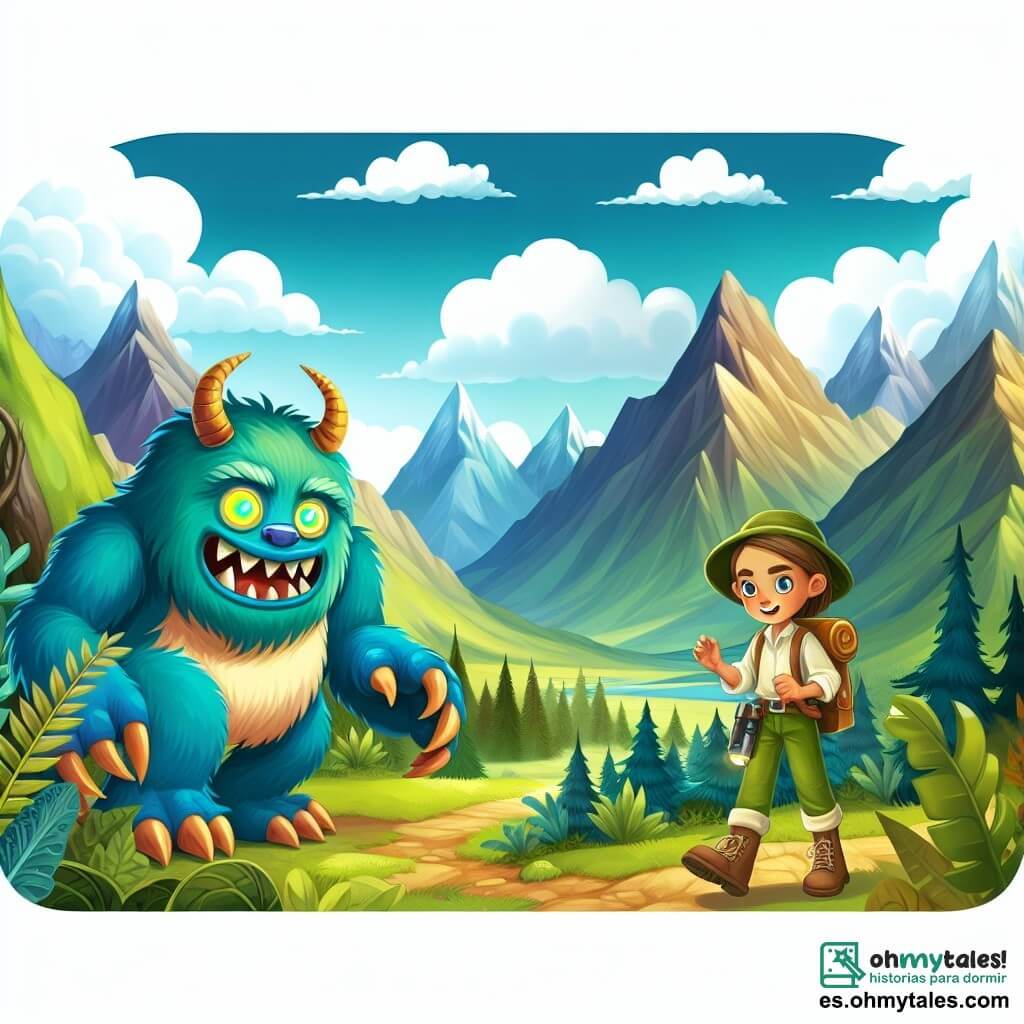 Une illustration destinée aux enfants représentant un monstre gentil aux yeux brillants, une courageuse fille exploratrice, une vallée verdoyante entourée de montagnes majestueuses.