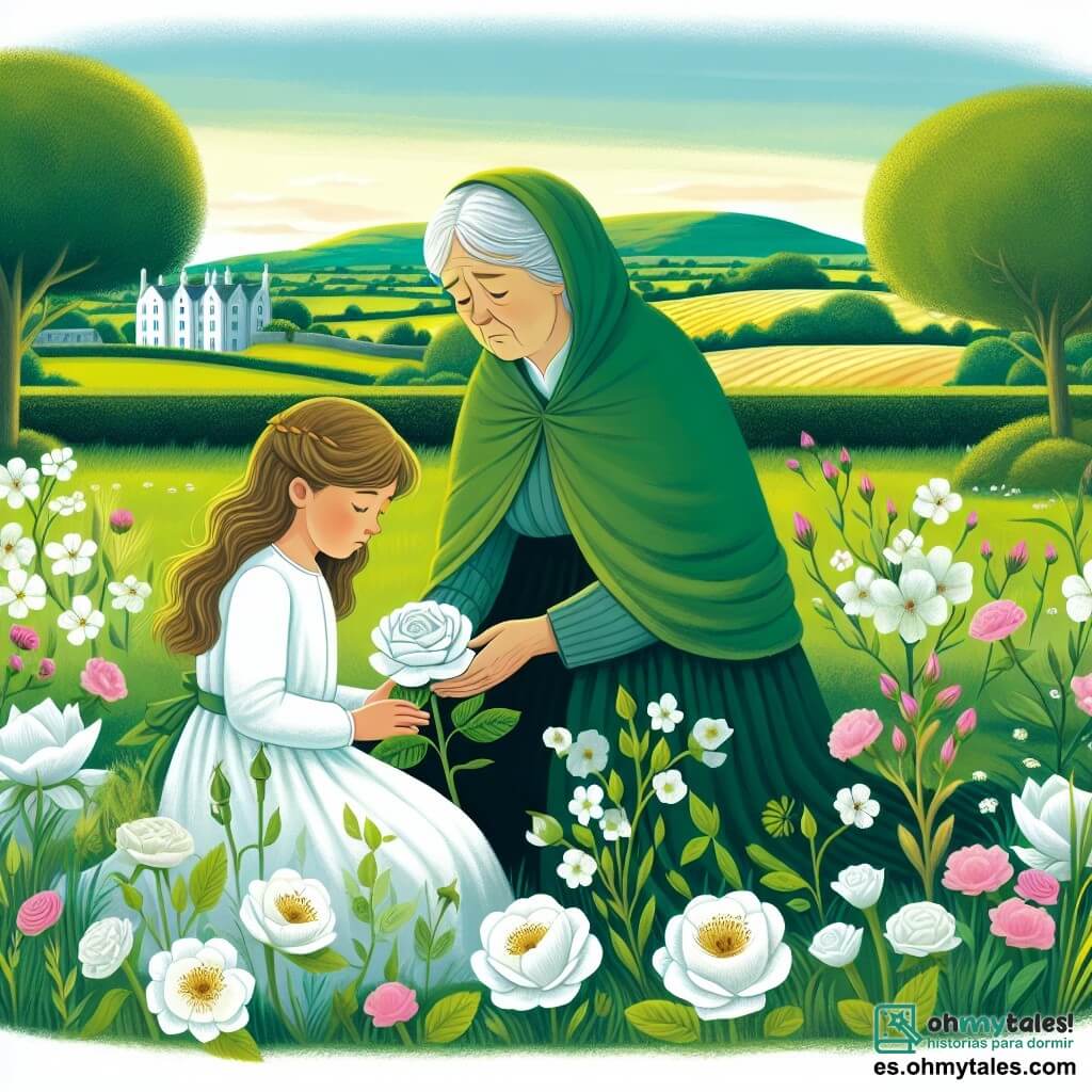 Une illustration destinée aux enfants représentant une jeune fille entourée de fleurs, confrontée à la mort d'une rose blanche, avec sa grand-mère comme personnage secondaire, dans un jardin paisible bordé de champs verdoyants et de collines douces.