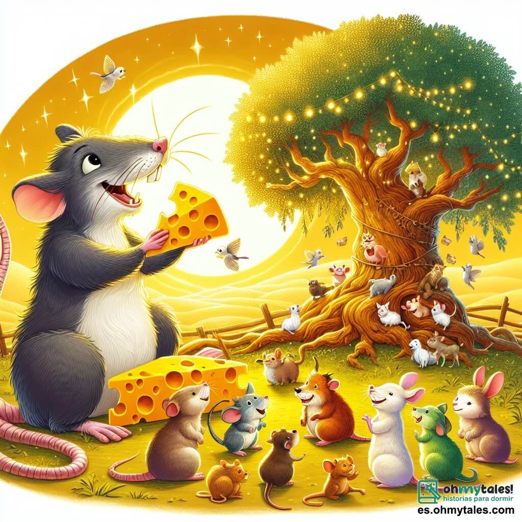 Une illustration destinée aux enfants représentant un adorable rat malicieux, se retrouvant dans une ferme enchantée, accompagné d'un joyeux groupe d'animaux parlants, tous partageant un morceau de fromage magique, tandis que la lueur dorée du soleil se reflète sur les feuilles chatoyantes d'un grand arbre centenaire, créant une atmosphère chaleureuse et pleine de promesses.
