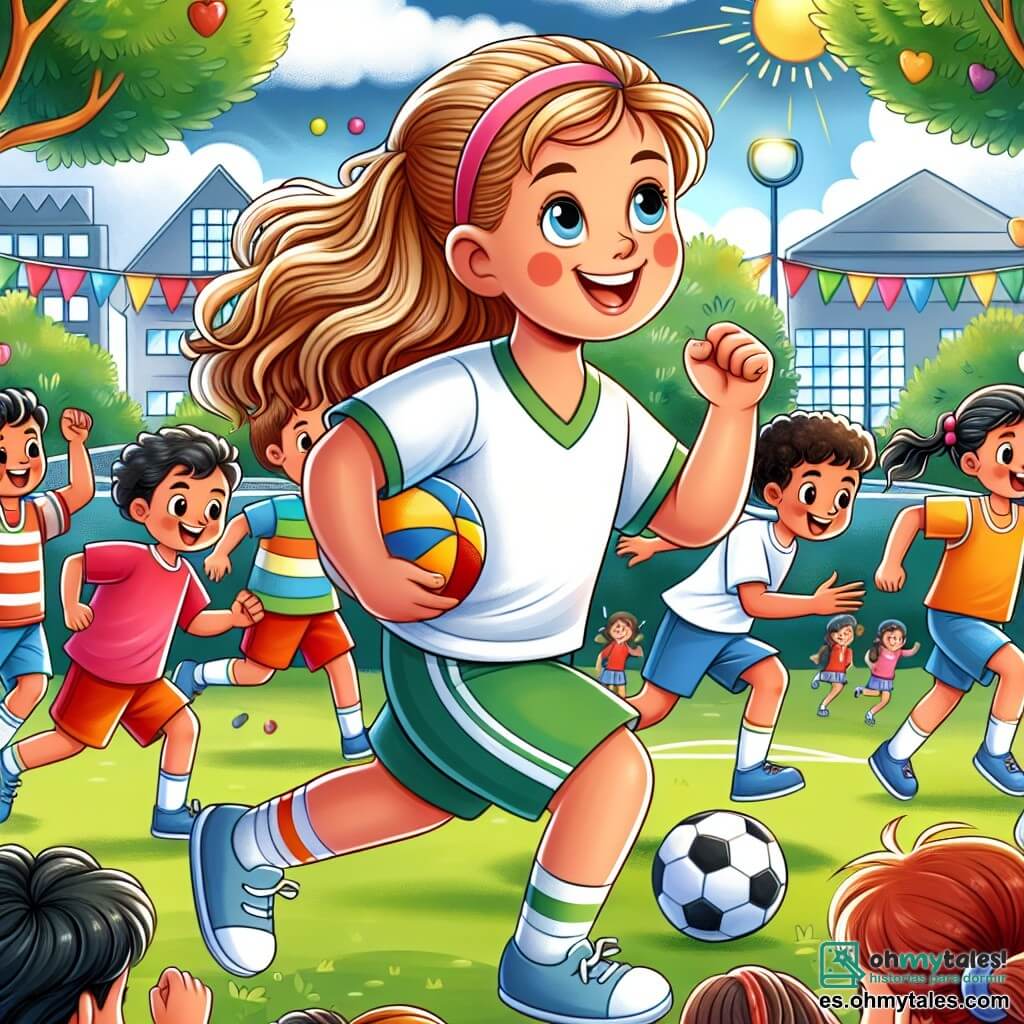 Une illustration destinée aux enfants représentant une petite fille passionnée par le sport, participant à un tournoi scolaire avec ses amis dans une cour d'école colorée, animée et pleine de vie.