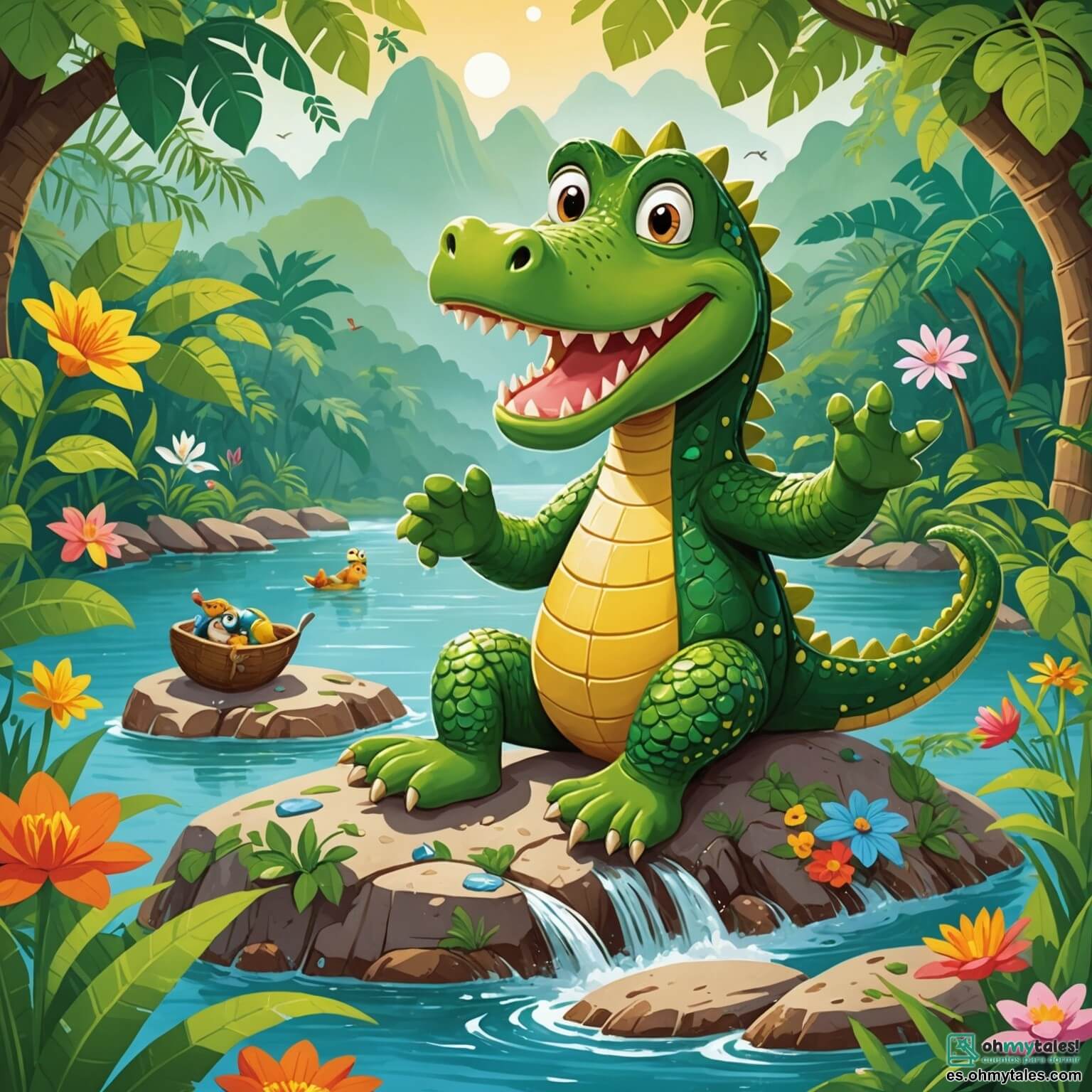 Une illustration destinée aux enfants représentant un crocodile malicieux, aux écailles brillantes comme des émeraudes, se prélassant au soleil sur une grande roche en bordure d'un fleuve scintillant, entouré de lianes vertes et de fleurs colorées, tandis qu'un singe espiègle, avec des yeux pétillants de malice, s'active à préparer un festival joyeux dans la jungle luxuriante et vibrante de vie.