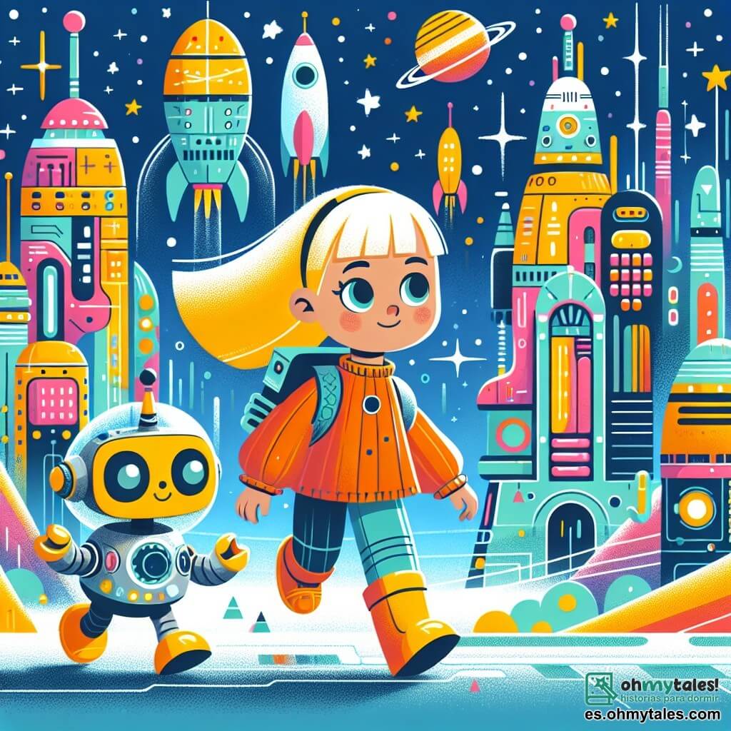Une illustration destinée aux enfants représentant une petite fille courageuse explorant une ville futuriste brillante et colorée, accompagnée de son fidèle robot, dans la magnifique Ciudad Estelar faite de bâtiments aux formes étranges et aux couleurs lumineuses.