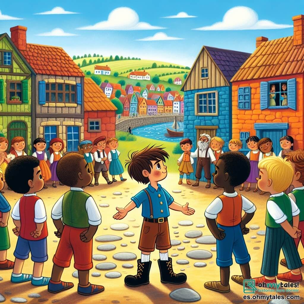 Une illustration destinée aux enfants représentant un jeune garçon courageux, confronté au racisme dans un petit village coloré et animé, avec des maisons en pierre et des rues pavées, où il se bat pour promouvoir l'égalité et l'amitié.