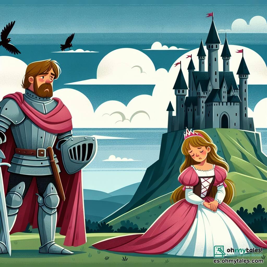 Une illustration destinée aux enfants représentant un courageux chevalier, une princesse en détresse et un sombre château perché au sommet d'une colline, dans une histoire de chevaliers.