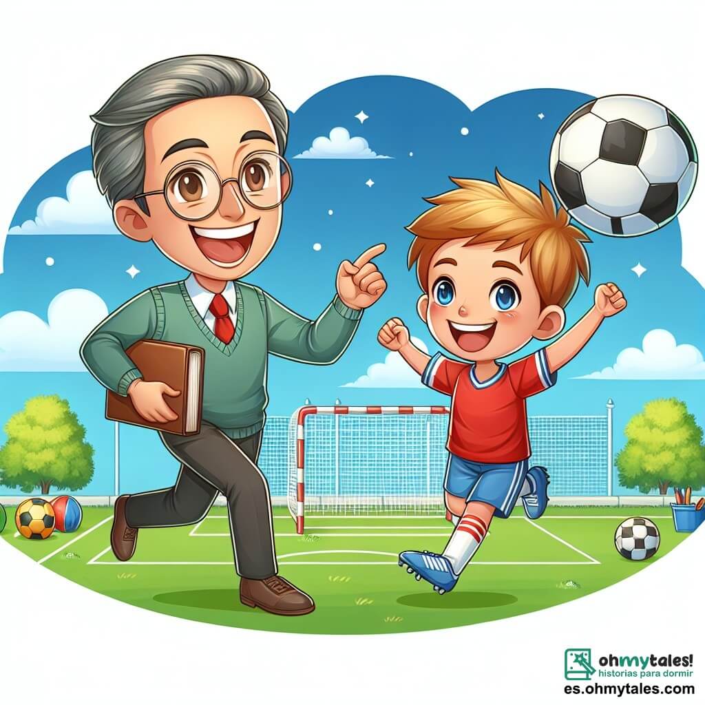 Une illustration destinée aux enfants représentant un joyeux garçon passionné de football, participant à un grand tournoi scolaire, accompagné de son fidèle professeur, dans la cour de récréation colorée de l'école primaire, sous un ciel bleu et ensoleillé.
