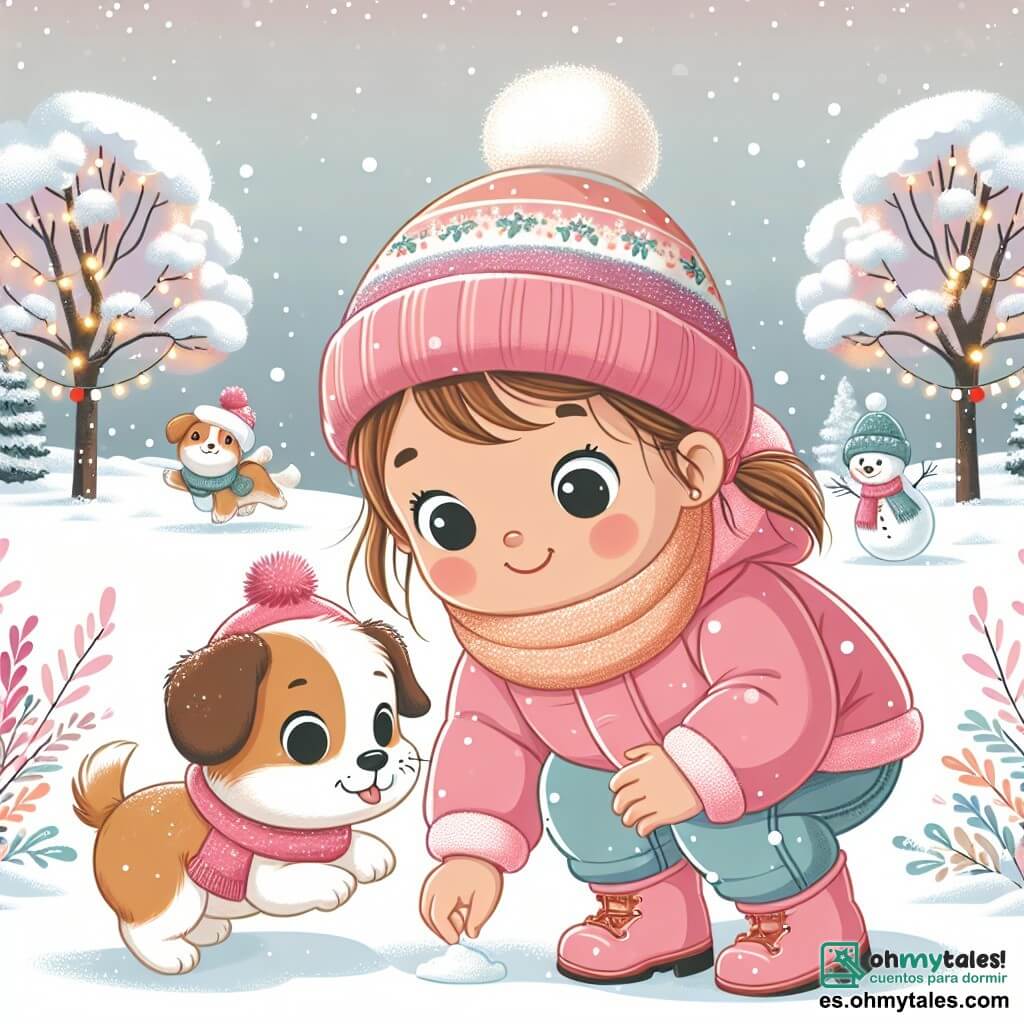 Ilustración que representa un jardín nevado, con copos de nieve cayendo suavemente del cielo gris claro. En el centro, una niña de 1 año, con grandes ojos brillantes y mejillas rosadas, lleva un traje de nieve rosa y un gorro de lana. Está agachada, sonriendo, tocando la nieve con sus pequeñas manos. A su lado, un perrito de pelaje marrón y blanco, con la cola moviéndose alegremente, salta en la nieve, dejando huellas. Al fondo, una mamá de unos 30 años, con el cabello castaño recogido en un moño, mira a su hija con ternura, sosteniendo una bufanda colorida. La escena transmite una atmósfera alegre y cálida, con árboles nevados y luces centelleantes a lo lejos, evocando la magia del invierno.
