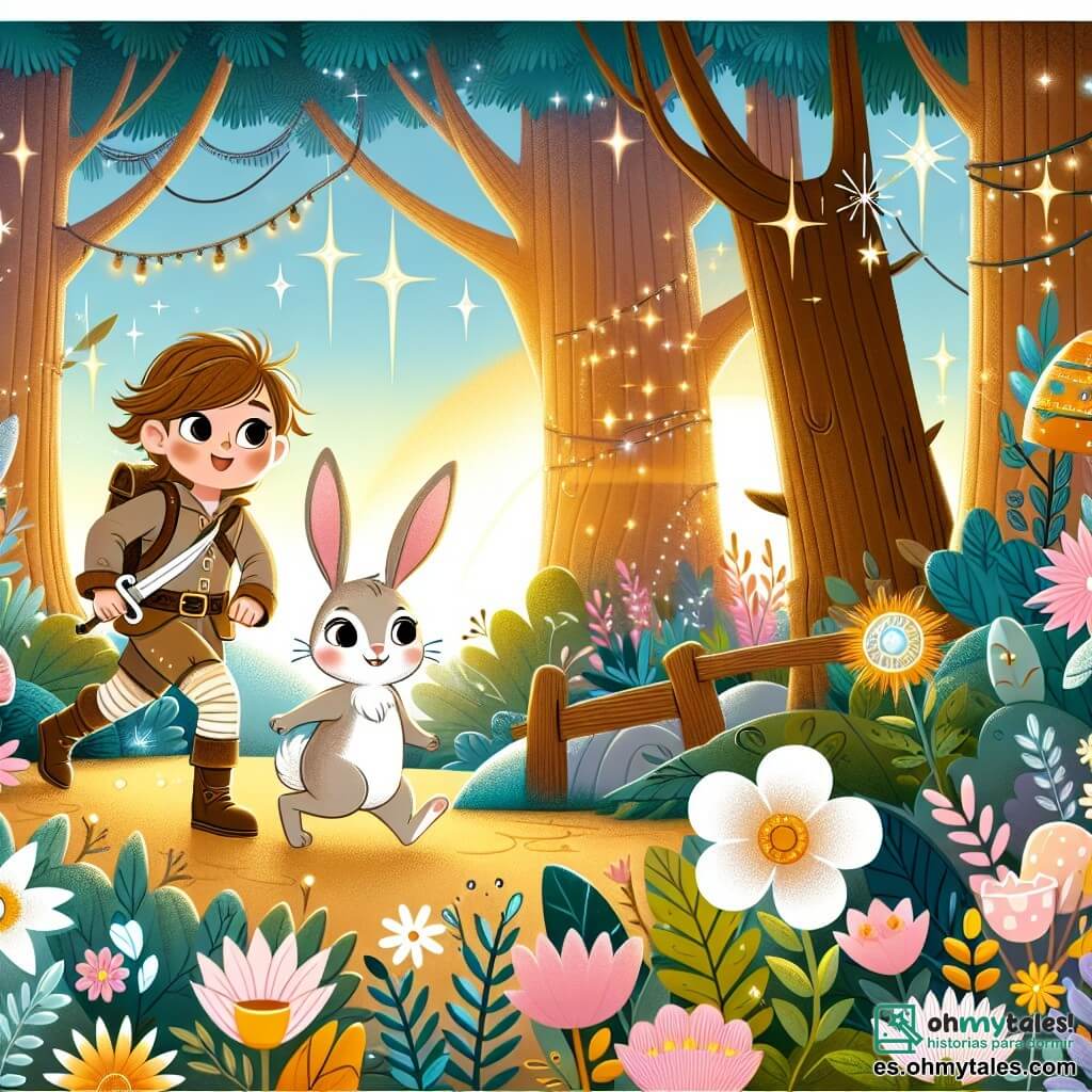 Une illustration destinée aux enfants représentant une fillette intrépide se lançant dans une recherche de trésors mystérieux avec l'aide d'un petit lapin malicieux, dans un parc enchanté rempli de fleurs brillantes et d'arbres gigantesques lors d'une journée ensoleillée de Pâques.
