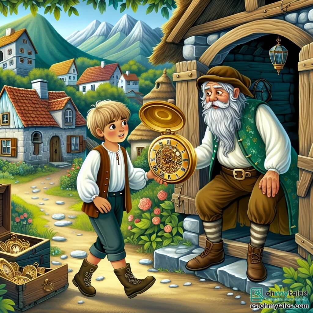 Une illustration destinée aux enfants représentant un jeune garçon curieux découvrant un mystérieux reloj en or dans un vieil grenier, accompagné d'un sage ancien vêtu de vêtements d'époque, dans un pittoresque village entouré de montagnes verdoyantes et de maisons aux toits de tuiles rouges.