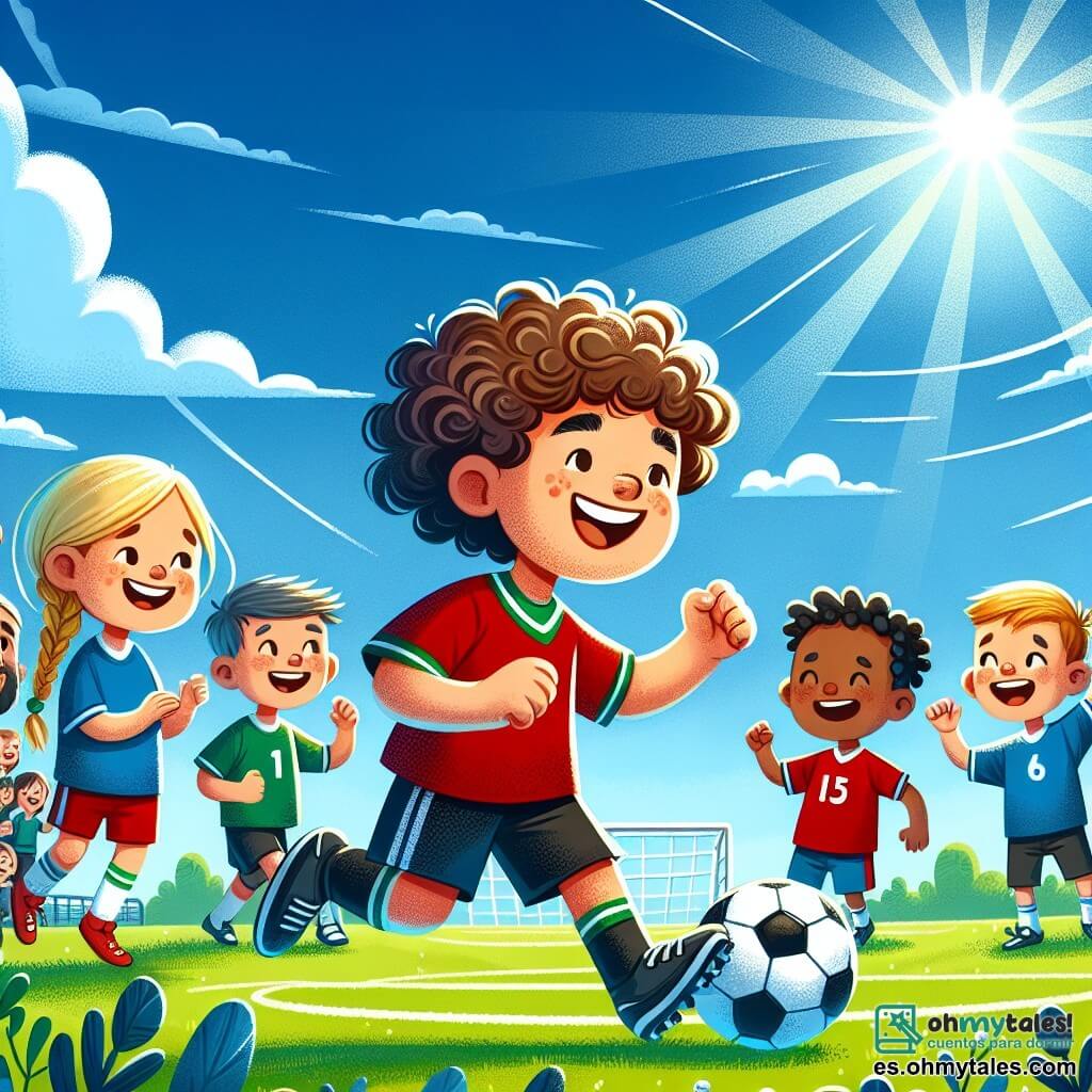 Une illustration sous forme de dessin destinée aux enfants représentant un terrain de football verdoyant sous un ciel bleu lumineux, avec un jeune garçon aux cheveux bruns et bouclés, portant un maillot rouge et un short noir, en train de dribbler un ballon avec un grand sourire sur le visage, tandis qu'une fille aux cheveux blonds tressés, vêtue d'un maillot bleu, l'encourage en levant les bras, et un groupe d'autres enfants, de différentes origines, les regardant avec admiration, capturant l'esprit d'équipe et la passion du football.