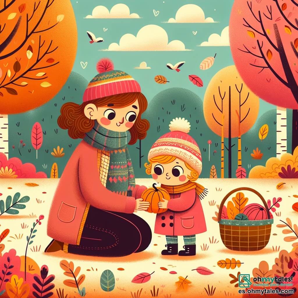 Ilustración que representa un parque en otoño, con árboles cuyas hojas brillan en colores rojos, naranjas y amarillos. En el suelo, una alfombra de hojas secas cruje bajo los pies. En el centro, una niña de 1 año, con grandes ojos curiosos y cabello rizado, vestida con un abrigo rosa y un gorro de lana. Está agachada, tocando una calabaza naranja brillante, con una gran sonrisa en su rostro. A su lado, una mujer de unos treinta años, con cabello largo y castaño, que lleva una bufanda colorida, observa a su hija con ternura mientras sostiene una cesta llena de hojas de otoño. La escena irradia una atmósfera alegre y cálida, ilustrando la felicidad simple de descubrir la magia del otoño. Nubes suaves flotan en el cielo azul y algunos pájaros vuelan a lo lejos.