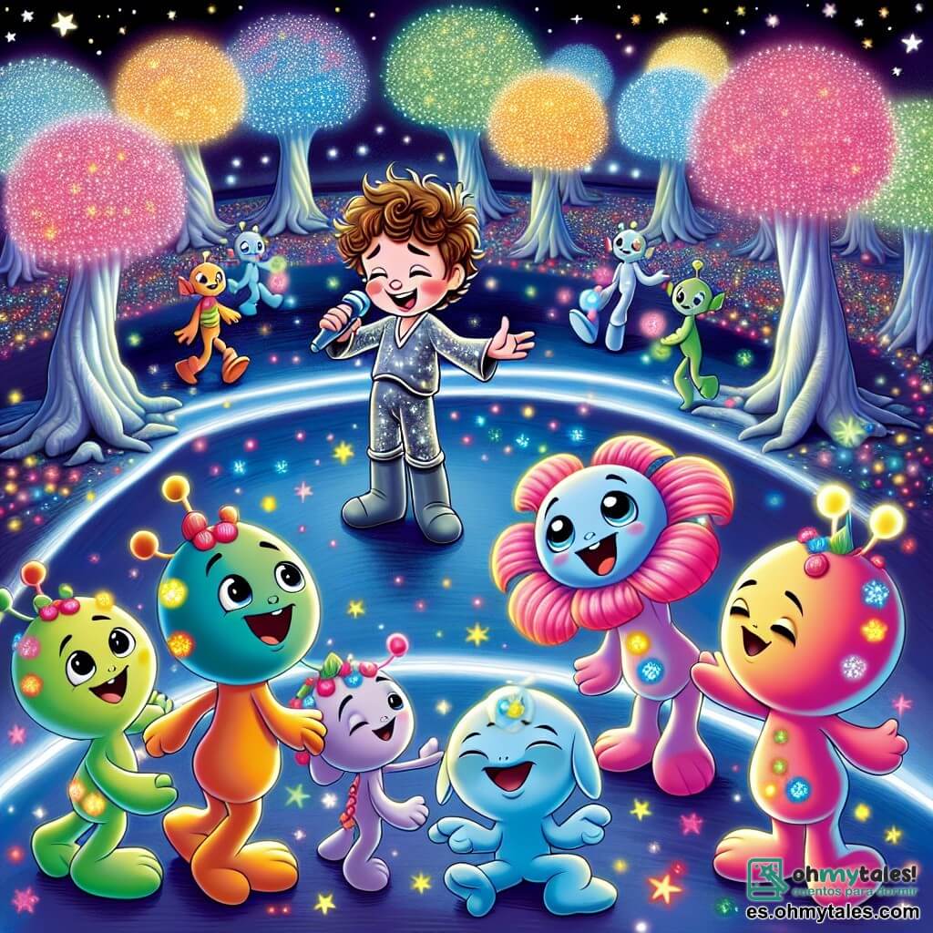 Une illustration sous forme de dessin destinée aux enfants représentant un paysage magique sur la planète Luminia, avec des arbres colorés qui brillent sous un ciel étoilé, où un garçon de 5 ans aux cheveux bouclés et aux yeux pétillants chante joyeusement entouré de créatures Luminiennes aux corps doux et esponjés, qui dansent et applaudissent en rythme, tandis qu'une fleur parlante, aux pétales multicolores, sourit et s'incline en signe d'encouragement, capturant l'esprit d'amitié et de découverte de cette aventure intergalactique.