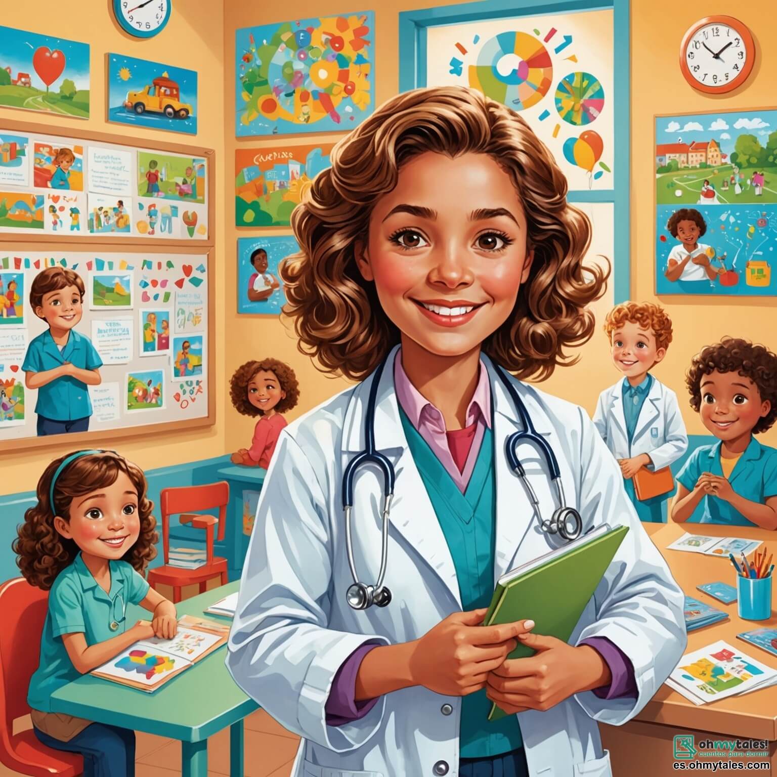 Une illustration destinée aux enfants représentant une femme médecin au sourire chaleureux et aux yeux pétillants, vêtue d'une blouse blanche éclatante, entourée d'un décor coloré et accueillant d'une clinique lumineuse où les murs sont ornés de dessins d'enfants et de posters éducatifs, se préparant à accueillir deux jeunes enfants, un garçon curieux aux cheveux bruns et une fille espiègle aux boucles dorées, qui entrent avec excitation pour découvrir le monde fascinant de la santé et de la médecine, tout en se tenant près d'une grande fenêtre laissant entrer la lumière du soleil, illuminant les jouets et les livres éparpillés dans la pièce.