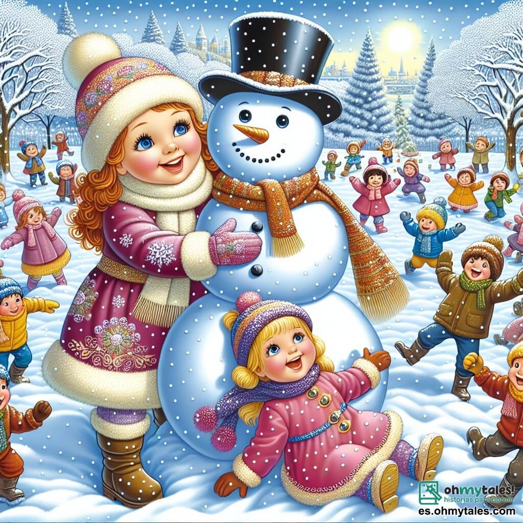 Une illustration destinée aux enfants représentant une fillette joyeuse, accompagnée de sa maman, construisant un magnifique muñeco de nieve dans un parc enneigé, entouré d'autres enfants qui rient et s'amusent, avec des arbres recouverts de neige et un ciel bleu d'hiver en toile de fond.