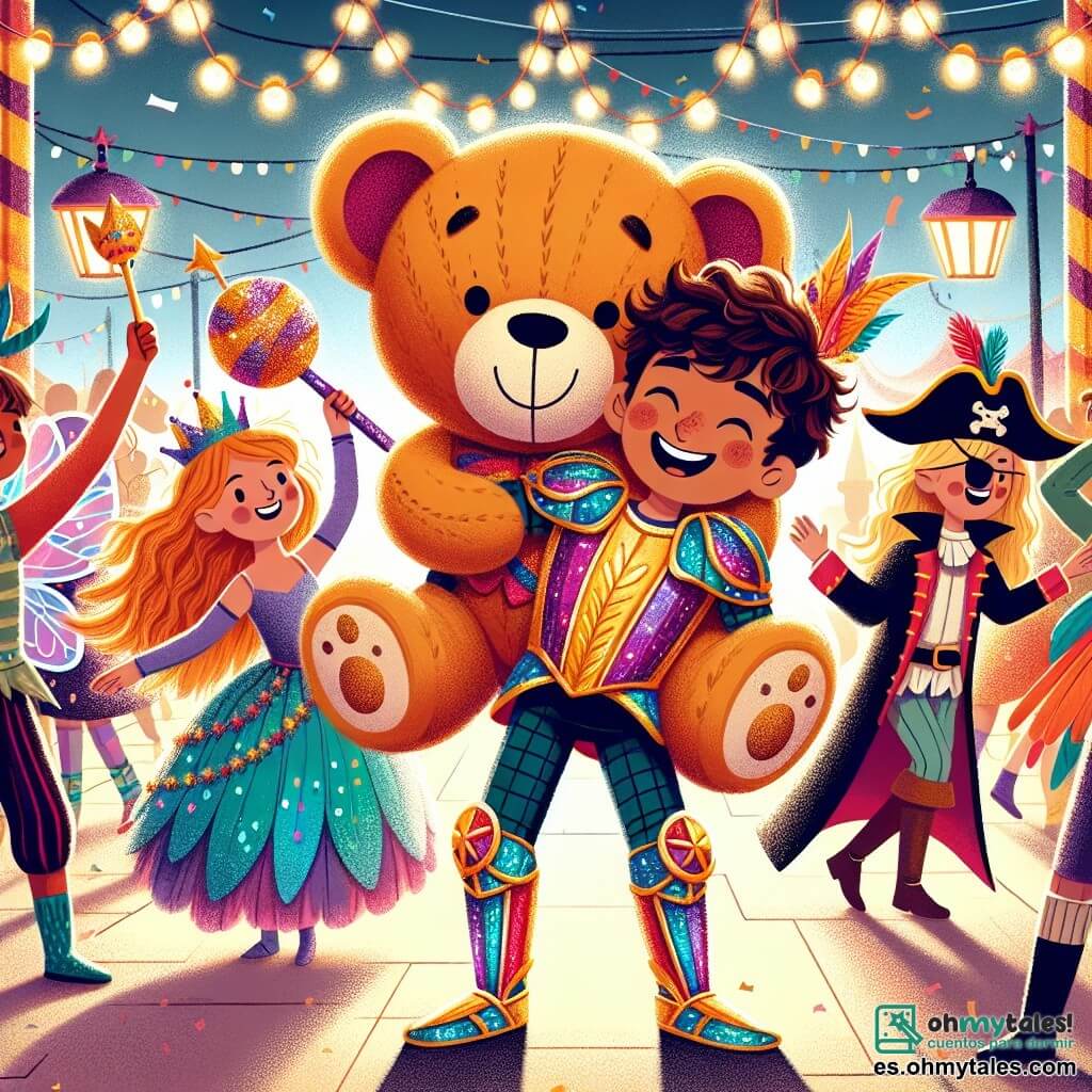 Une illustration sous forme de dessin destinée aux enfants représentant une place animée du carnaval, ornée de guirlandes colorées et de lumières scintillantes, où un garçon de 10 ans aux cheveux bouclés et à la peau claire, vêtu d'une armure en carton peinte de couleurs vives, tient un énorme ours en peluche sous le bras, tandis que deux de ses amis, une fille aux cheveux longs et brillants déguisée en fée avec des ailes scintillantes, et un garçon en costume de pirate avec un chapeau et un cache-œil, dansent joyeusement autour de lui, tous trois riant et s'amusant au rythme de la musique festive qui résonne dans l'air.