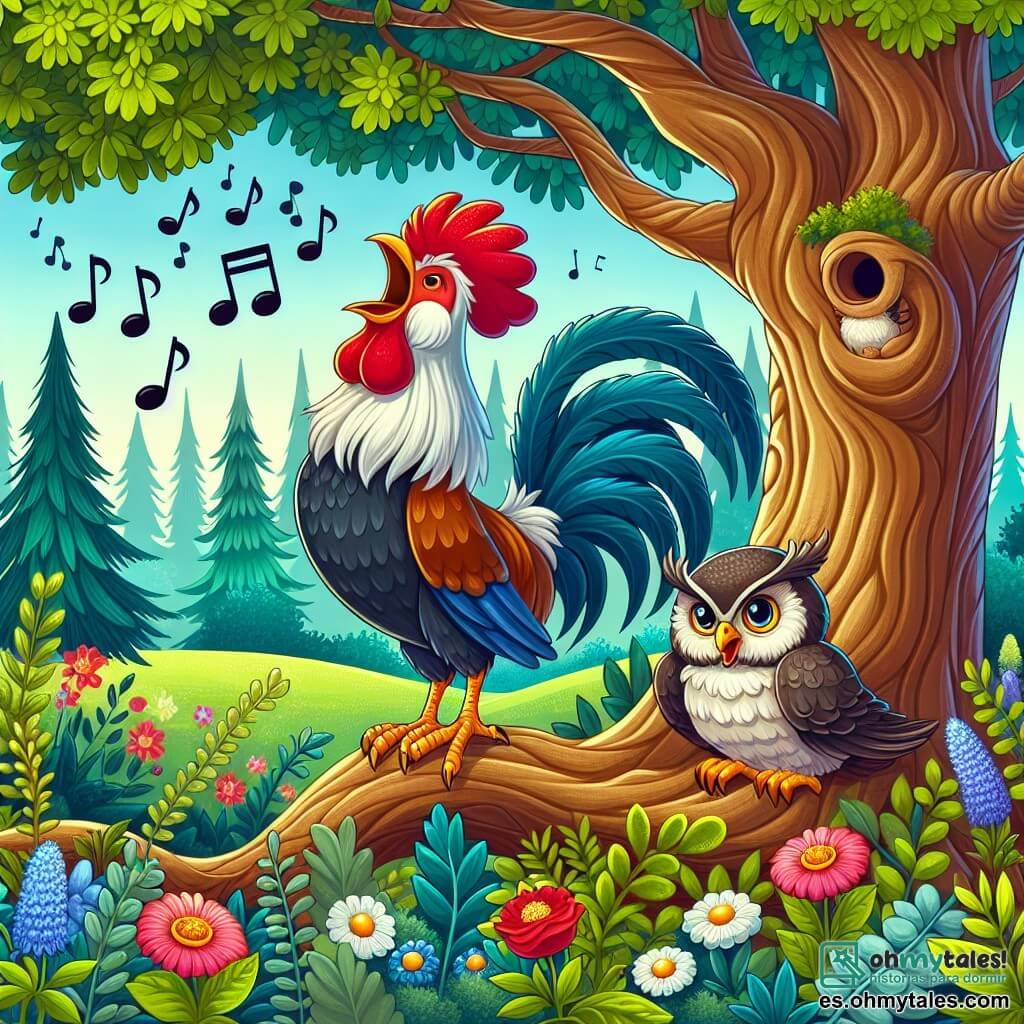Une illustration destinée aux enfants représentant un coq coquet et élégant chantant joyeusement sous un vieux roble, accompagné d'une lechuza sage aux yeux brillants, dans un frondueux bosque aux arbres majestueux et aux fleurs éclatantes.