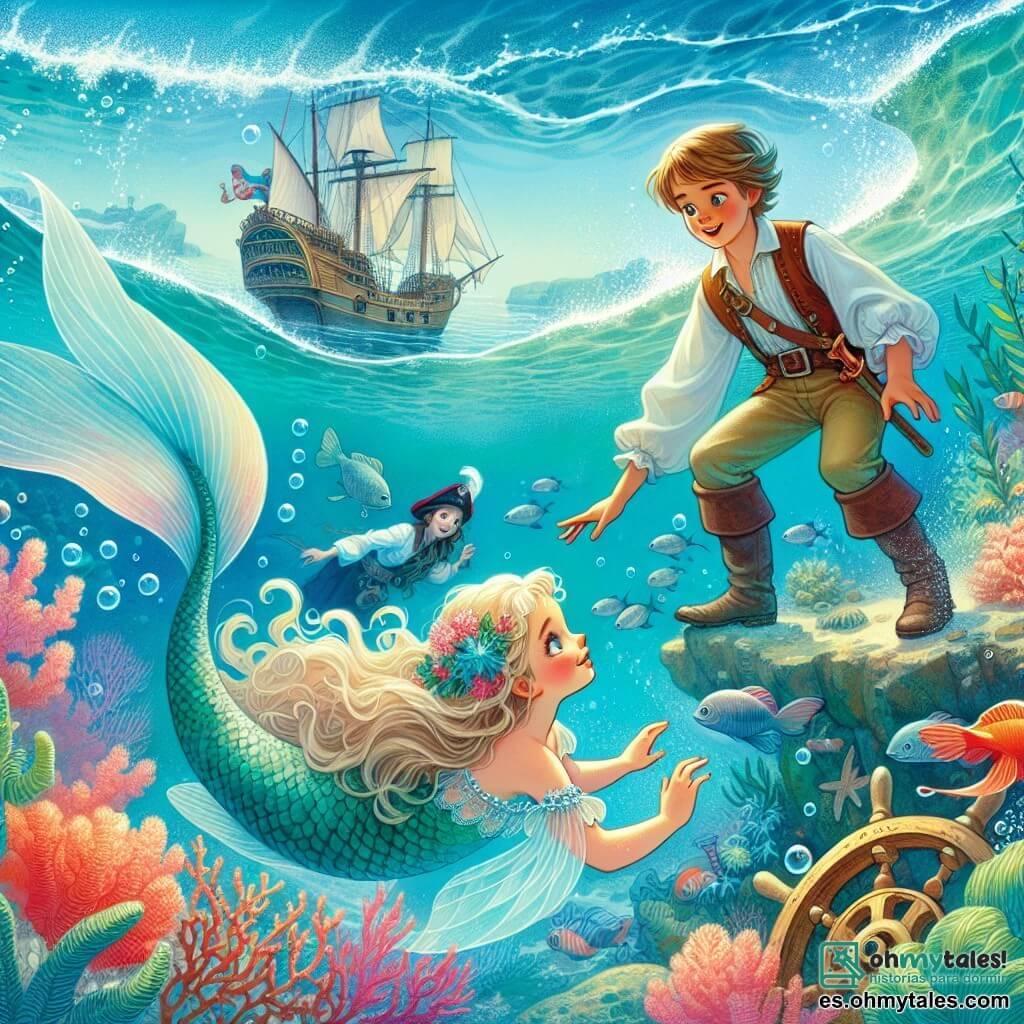 Une illustration destinée aux enfants représentant une sirène curieuse et courageuse explorant la surface du mystérieux océan, accompagnée d'un jeune marinero perdu, dans un royaume sous-marin aux eaux cristallines et aux coraux colorés.