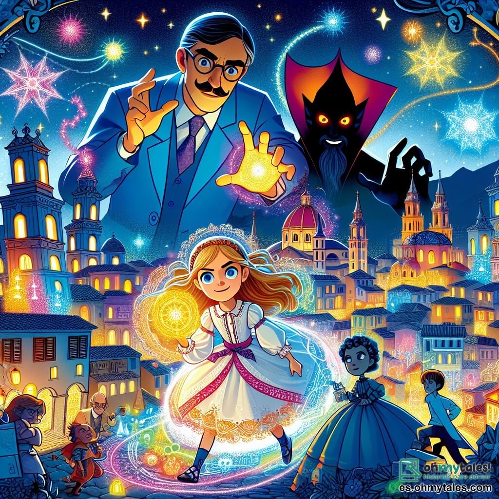Une illustration destinée aux enfants représentant une jeune fille dotée de pouvoirs extraordinaires, luttant contre un ennemi maléfique aux sombres pouvoirs, accompagnée d'un scientifique brillant et excentrique, dans la vibrante ville de Luzestrella, illuminée par des lumières colorées et des étoiles scintillantes.