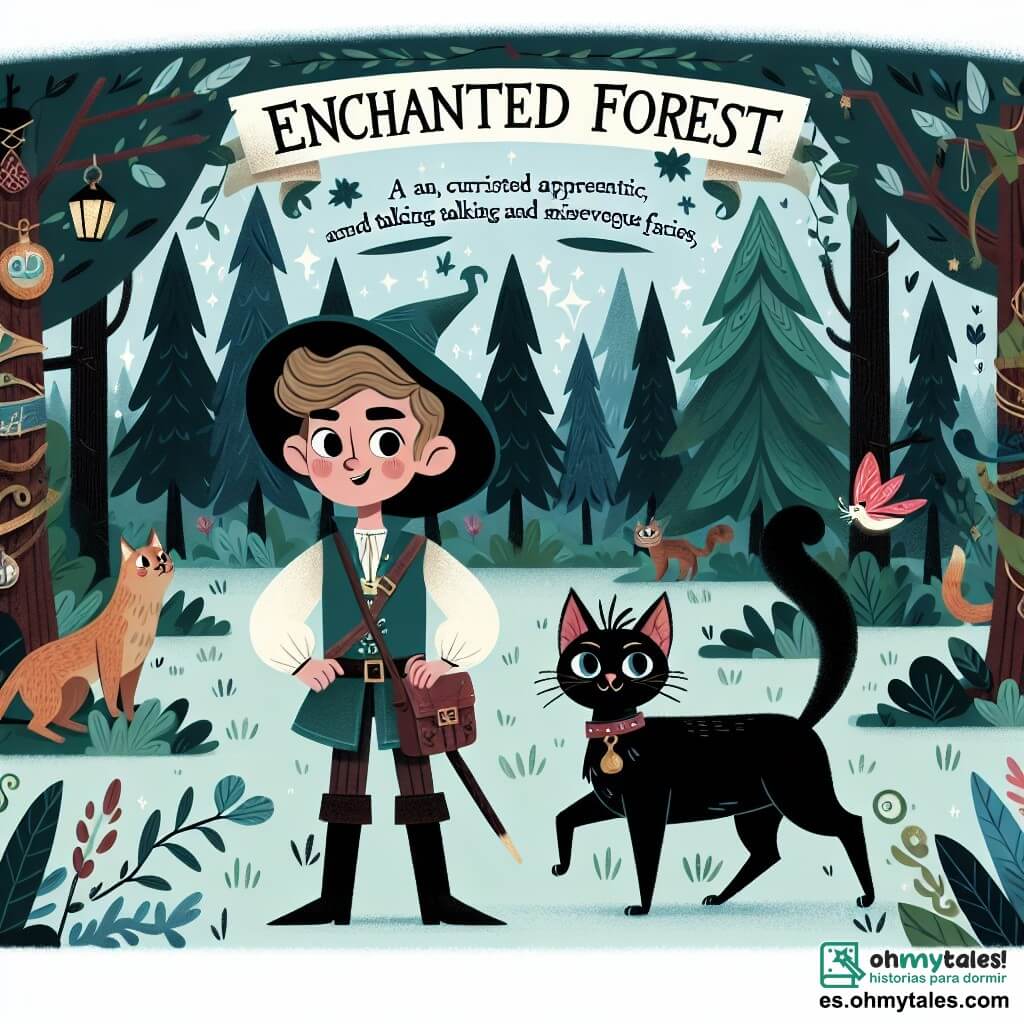 Une illustration destinée aux enfants représentant une jeune apprentie sorcière pleine de curiosité et d'enthousiasme, accompagnée d'un charmant chat noir, affrontant des épreuves enchantées dans le magique Bosque Encantado, un lieu rempli d'arbres parlants et de fées espiègles.