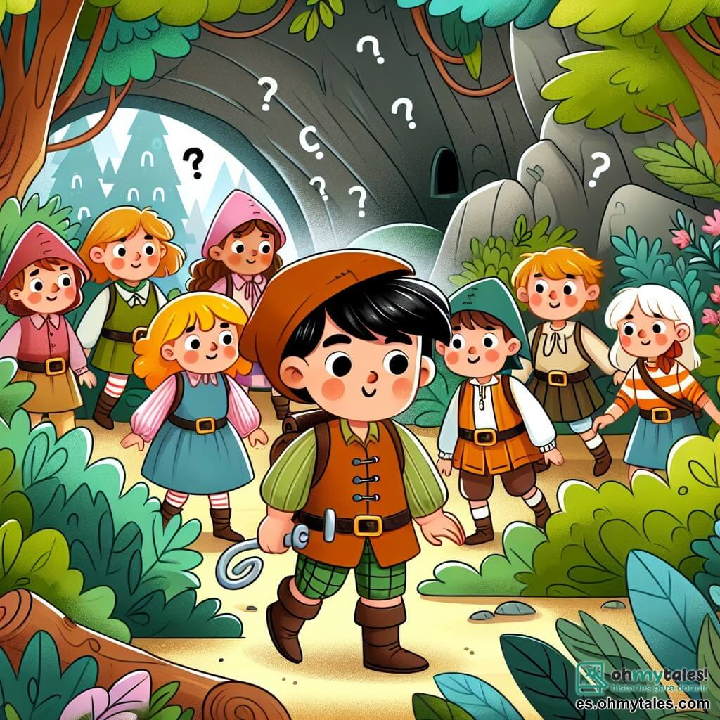 Une illustration destinée aux enfants représentant un petit garçon courageux, accompagné de ses amis, explorant une mystérieuse cave cachée au cœur d'une forêt enchantée, où des énigmes et des défis les attendent.