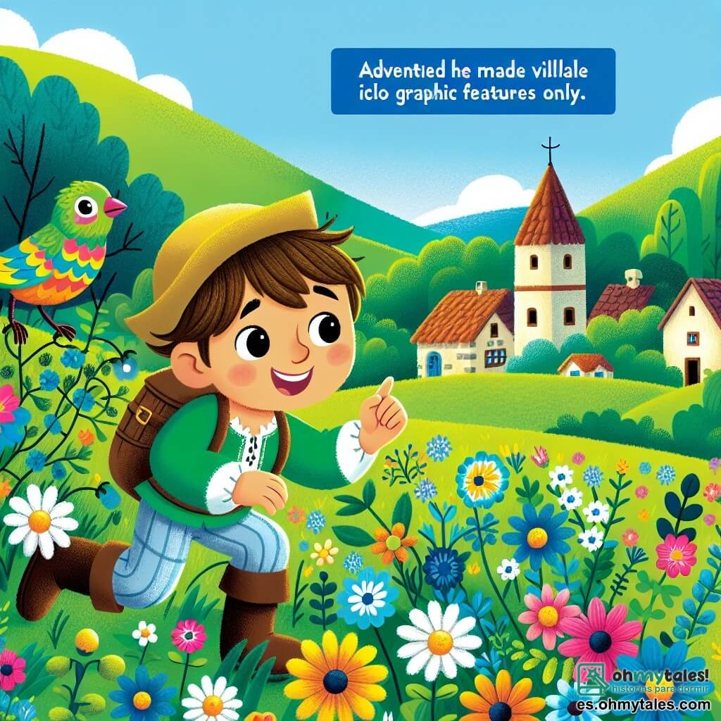 Une illustration destinée aux enfants représentant un garçon joyeux et curieux explorant un prado rempli de fleurs silvestres en compagnie d'un pajarito coloré, dans le pittoresque village de Valle Verde.