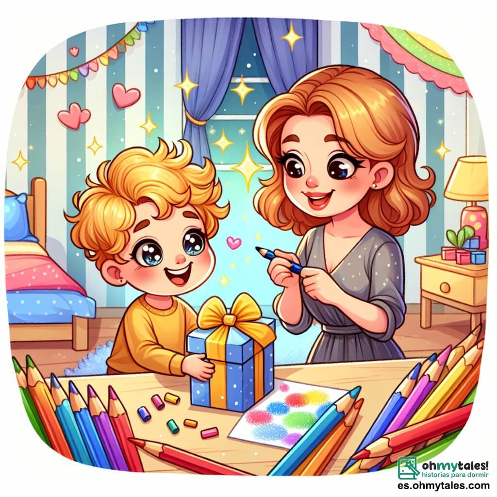 Une illustration destinée aux enfants représentant un petit garçon aux rizos dorados préparant une surprise pour sa maman avec l'aide d'une femme aux yeux brillants dans une chambre remplie de crayons colorés et de brillantina.
