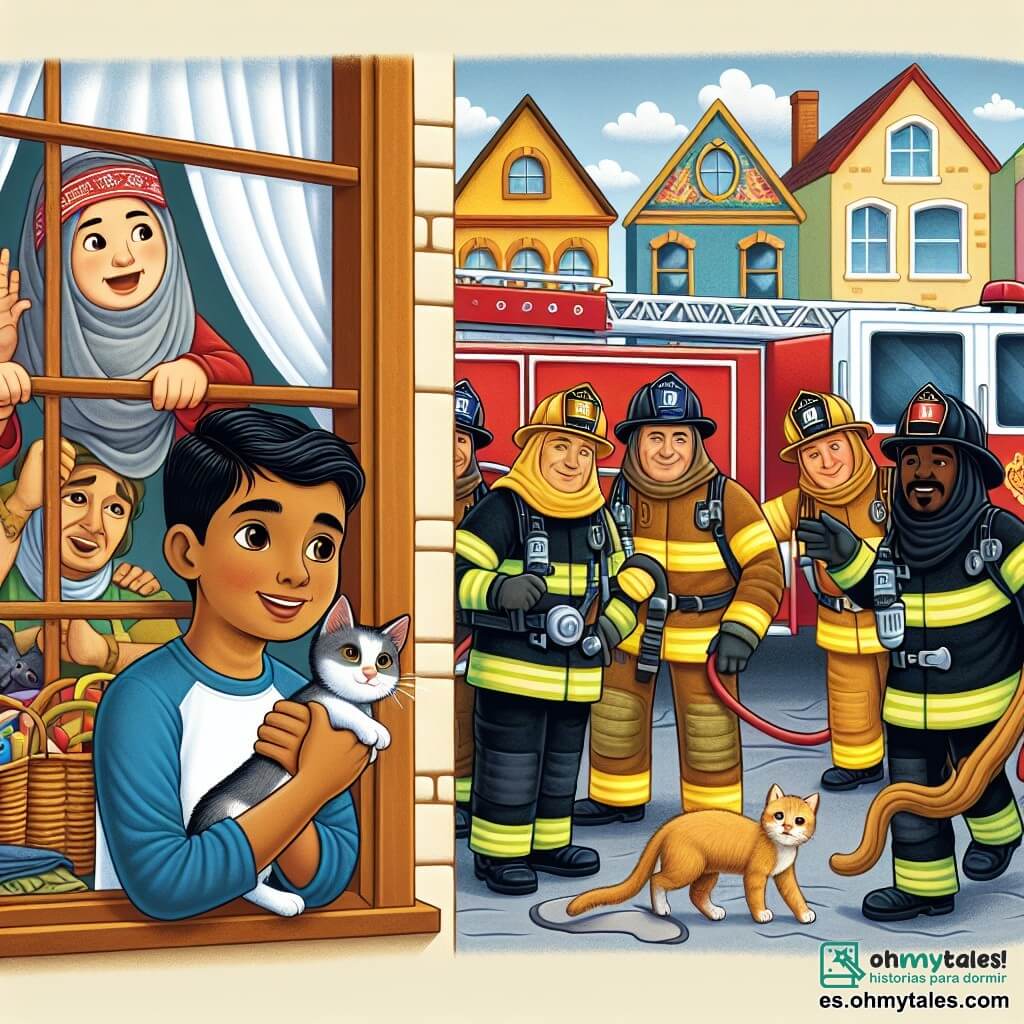 Une illustration destinée aux enfants représentant un jeune homme courageux rêvant de devenir pompier, sauvant un chaton coincé dans une fenêtre, entouré de son équipe de pompiers, dans un village pittoresque avec des maisons colorées et un camion rouge vif.