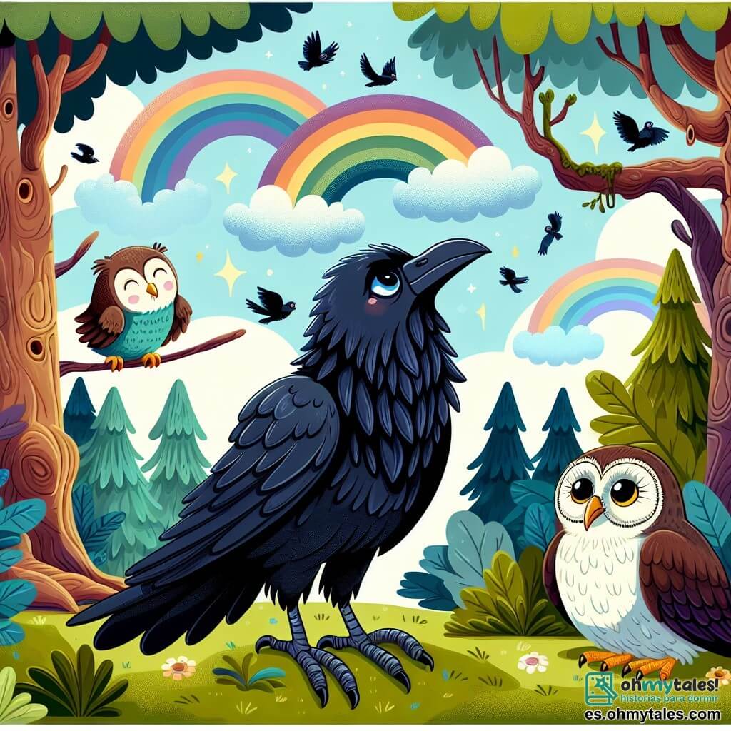 Une illustration destinée aux enfants représentant un corbeau au plumage noir comme la nuit, rêvant de toucher l'arc-en-ciel, accompagné de la sage lechuza, dans un frondoso bosque avec des arbres majestueux et un ciel dégagé rempli de couleurs vives.