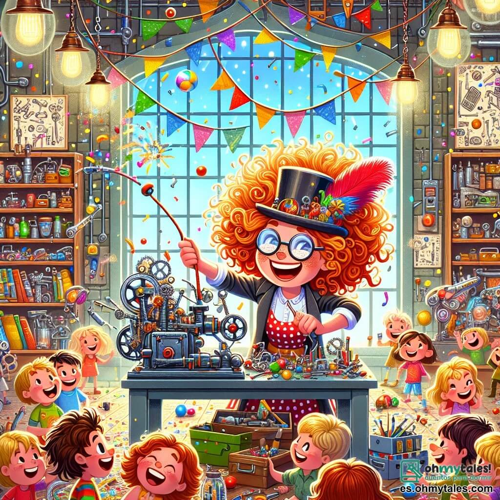 Ilustración que representa un taller colorido y caótico lleno de herramientas brillantes, piezas de máquinas desordenadas y confeti multicolor flotando en el aire. Las paredes están pintadas de colores vivos, con estanterías repletas de libros de invenciones y ventanas que dejan entrar la luz del sol, creando un ambiente alegre y lúdico. En el centro de la imagen, una mujer de cabello rizado y brillante, con un gran sombrero de bricolaje adornado con una pluma roja, está tirando de una cuerda unida a su máquina extravagante. Tiene una sonrisa radiante y gafas redondas que se deslizan por su nariz. Su ropa es colorida y llena de bolsillos, repletos de herramientas y caramelos. A su alrededor, varios niños de entre 7 y 10 años, con rostros asombrados y alegres, miran la máquina con ojos brillantes. Un niño rubio con una camiseta a rayas sostiene un caramelo en la mano, mientras que una niña de cabello castaño y un vestido de lunares ríe a carcajadas, con los brazos en alto, lista para atrapar el confeti que cae. La escena principal muestra a la mujer en plena acción, tirando de la cuerda de su máquina que, en lugar de producir ruidos extraños, libera una lluvia de confeti colorido y caramelos, llenando el taller de un ambiente festivo y alegre. Burbujas de chocolate flotan alrededor, añadiendo un toque de magia a toda la escena.