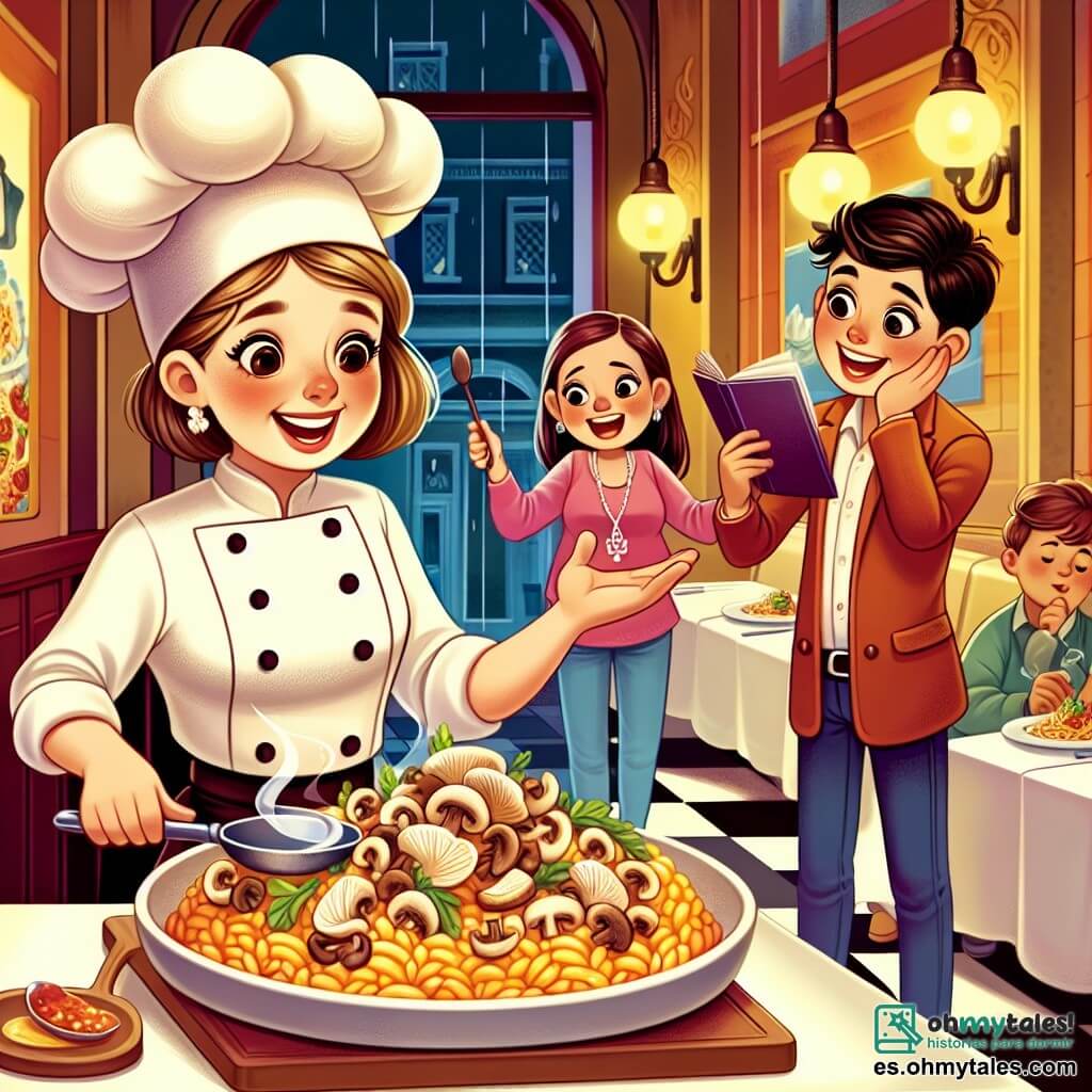 Une illustration destinée aux enfants représentant une jeune femme passionnée par la cuisine, préparant un délicieux plat de risotto avec des setas silvestres, sous le regard admiratif d'un critique gastronomique, dans la chaleureuse et animée cuisine d'un élégant restaurant de la ville.