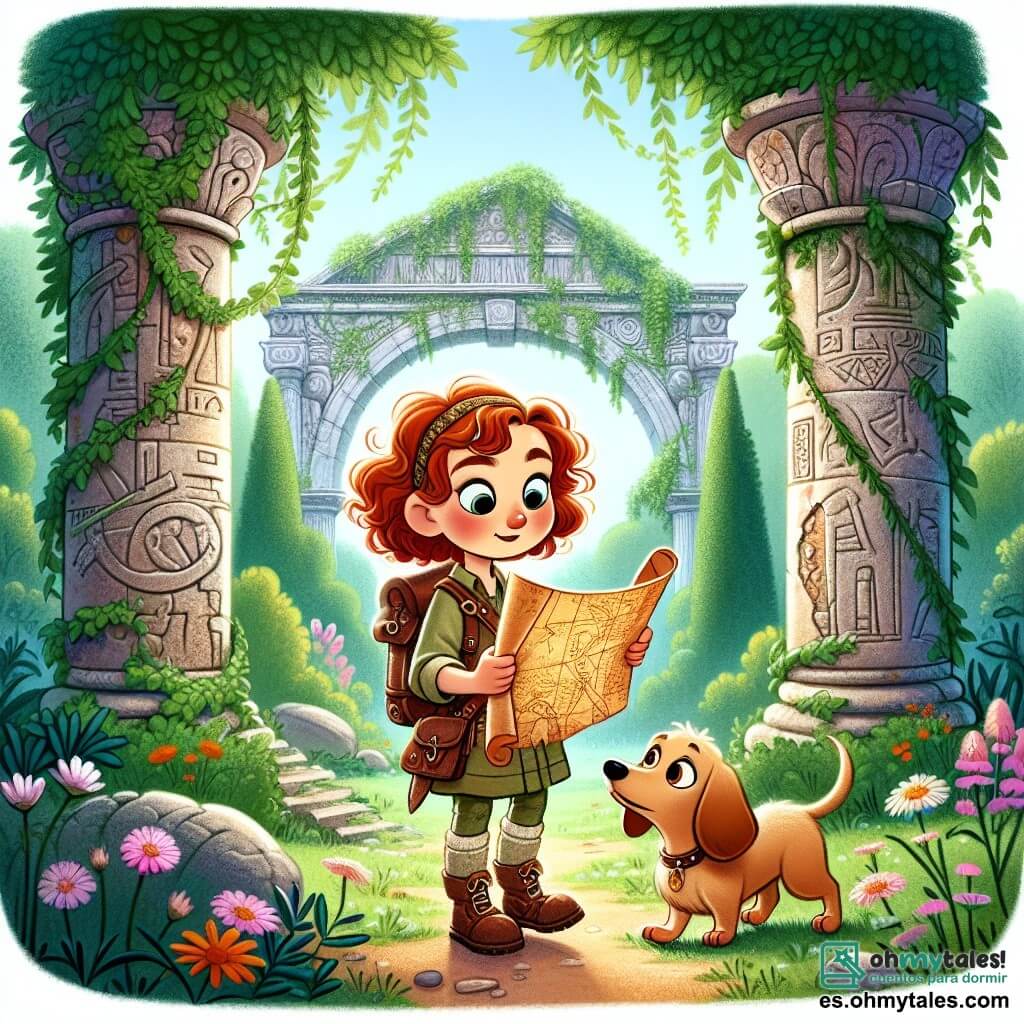 Une illustration sous forme de dessin destinée aux enfants représentant un ancien parc mystérieux, avec des ruines majestueuses recouvertes de lierre et de fleurs sauvages, où une jeune exploratrice aux cheveux bouclés et aux yeux pétillants examine un vieux mapa avec un air de détermination, tandis qu'à ses côtés, un petit chien salchicha au pelage brun clair renifle le sol avec curiosité, et tous deux se tiennent devant une porte secrète ornée de symboles anciens, prêts à découvrir les trésors cachés qui les attendent.