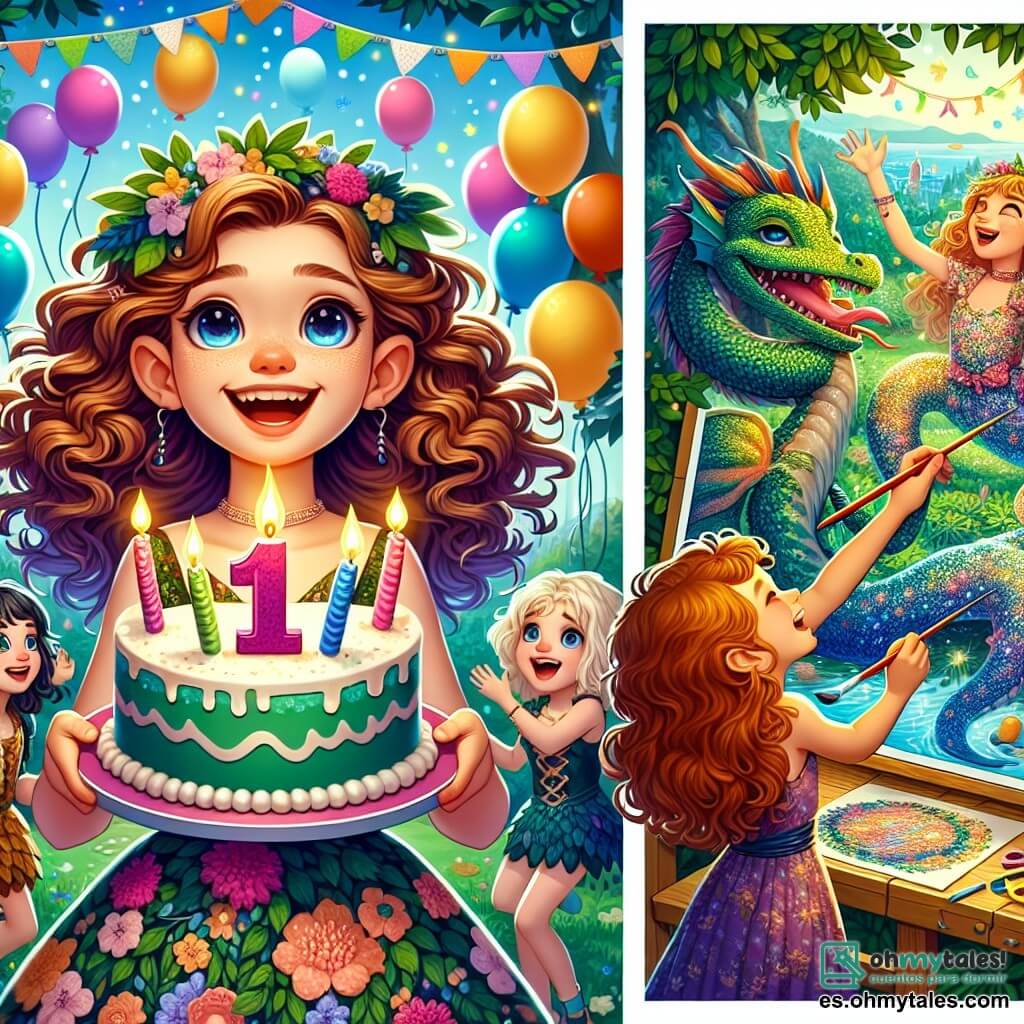 Une illustration sous forme de dessin destinée aux enfants représentant un jardin coloré décoré de ballons et de serpentines, où une fille de 11 ans aux cheveux bouclés et brillants, vêtue d'une robe à fleurs, sourit joyeusement en tenant un grand gâteau d'anniversaire, entourée de ses amis : un petit duende aux oreilles pointues, vêtu de feuilles et riant tout en racontant une histoire, et une sirène aux cheveux bleus qui chante avec une voix mélodieuse, tandis qu'un dragon aux écailles chatoyantes peint un mural coloré sur une toile, capturant l'esprit magique d'une fête d'anniversaire inoubliable.