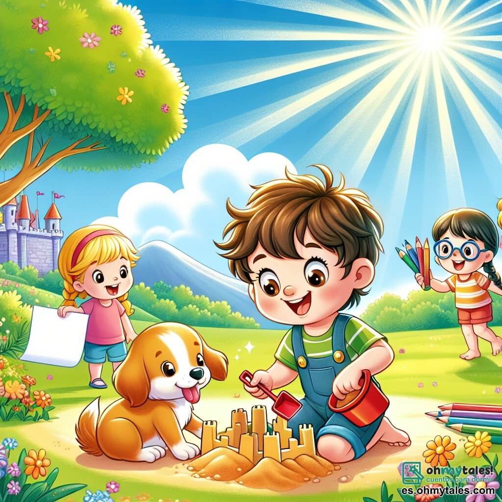 Ilustración que representa un parque soleado y verde, lleno de flores coloridas y árboles majestuosos. En el centro, un niño de 3 años, con cabello castaño desordenado y ojos brillantes de curiosidad, juega alegremente en la arena, construyendo un castillo con una pala roja. A su lado, un perrito de pelaje dorado, moviendo la cola con entusiasmo, mira a su amigo con cariño. Al fondo, dos niños de aproximadamente 5 años, una niña con trenzas rubias y un niño con gafas, se acercan sonriendo, sosteniendo crayones de colores y una gran hoja de papel. La escena irradia una atmósfera de alegría y amistad, con risas y gritos, mientras el niño hace una pausa para admirar su castillo de arena, rodeado de sus amigos y su fiel compañero. Rayos de sol se filtran a través de las ramas de los árboles, creando un ambiente cálido y acogedor.