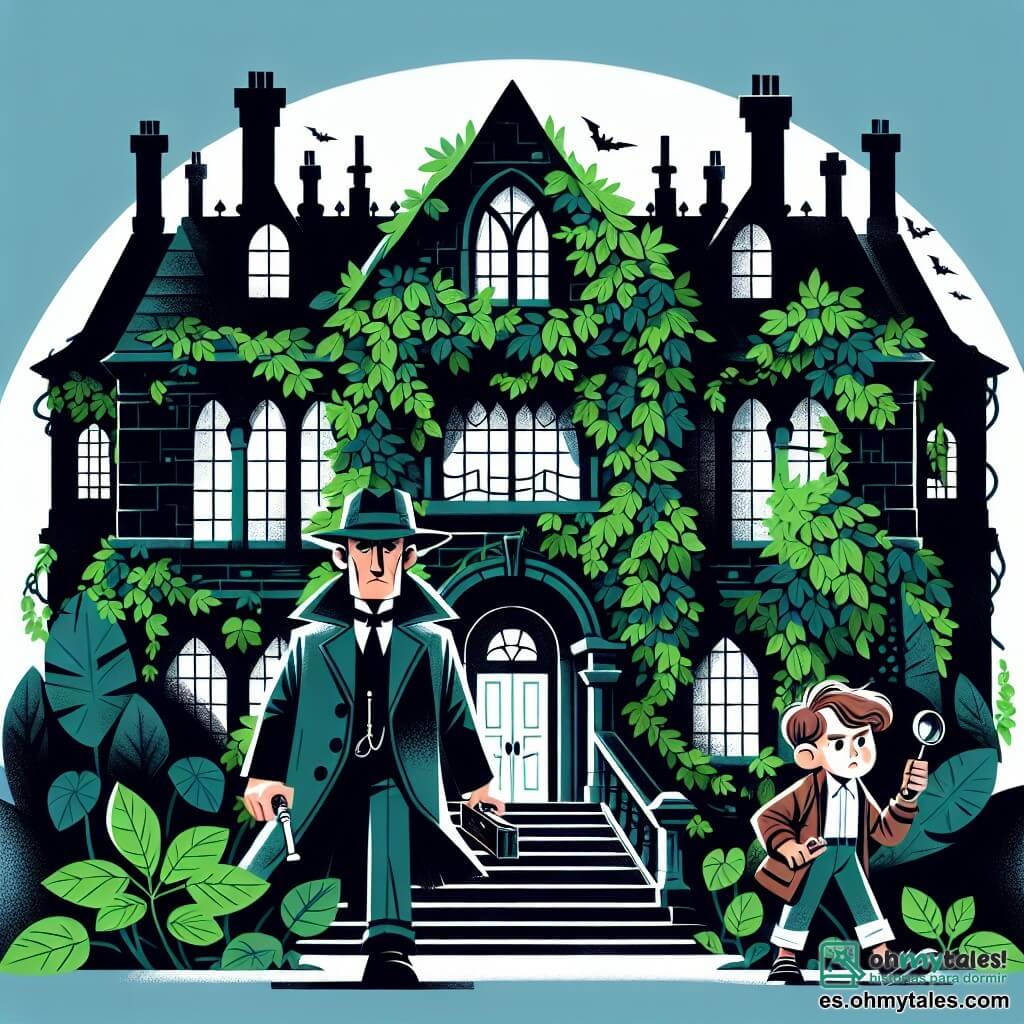 Une illustration destinée aux enfants représentant un jeune détective intrépide, accompagné d'un homme âgé mystérieux, explorant une sombre et imposante mansión embrujada aux murs couverts de lierre et de grandes fenêtres aux volets fermés, laissant entrevoir une lueur de mystère à l'intérieur.