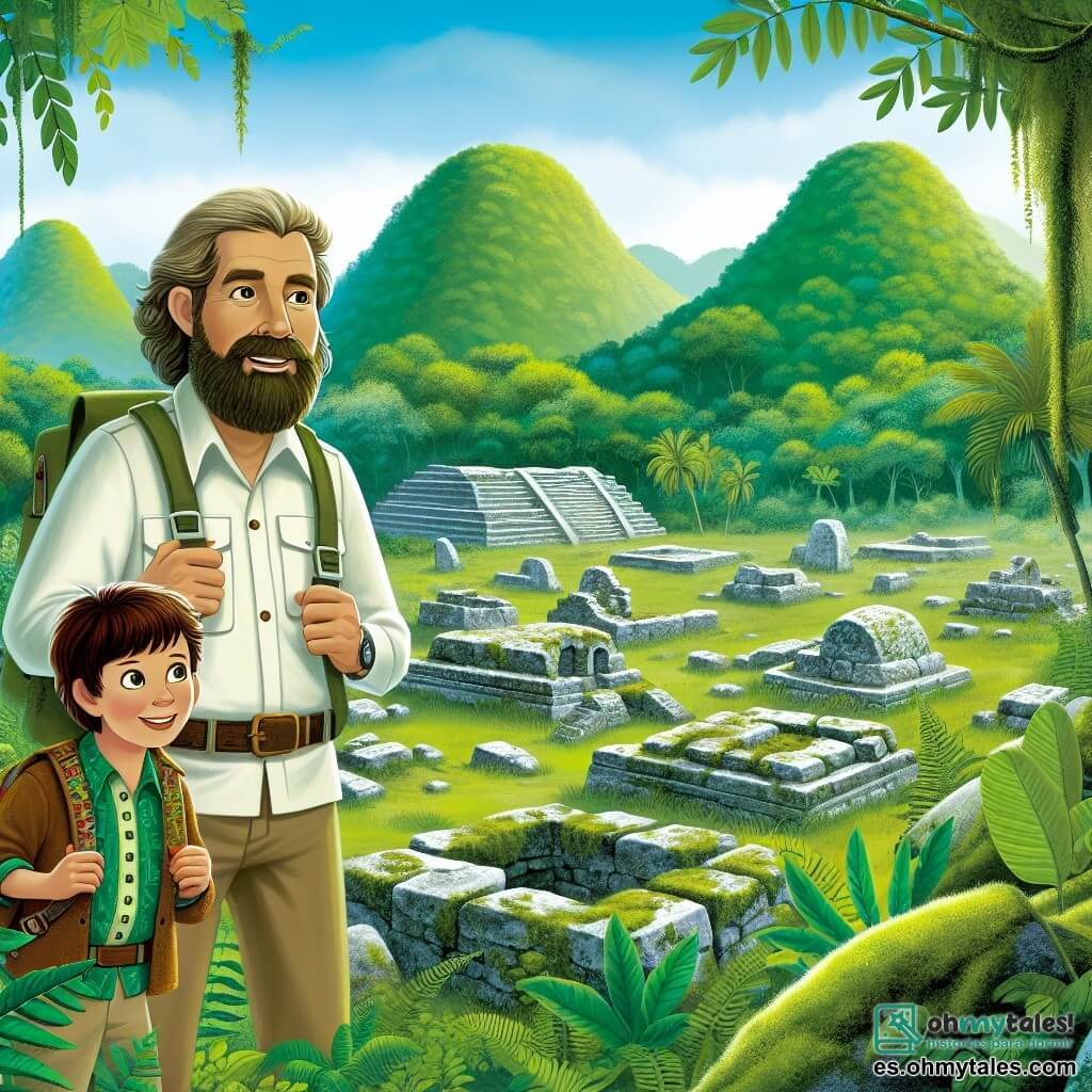 Une illustration destinée aux enfants représentant un archéologue barbu, passionné par les mystères du passé, accompagné de son fils, un garçon aux yeux brillants, explorant un site archéologique recouvert de végétation dense, avec des ruines anciennes cachées sous des pierres couvertes de mousse, dans une clairière isolée d'un paisible village nommé San Lucas.