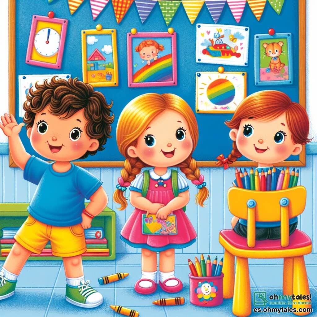 Une illustration sous forme de dessin destinée aux enfants représentant une salle de classe colorée avec des murs ornés de dessins d'enfants, où un garçon de 4 ans aux cheveux bruns et bouclés, portant un t-shirt bleu et un short jaune, sourit en levant la main pour parler, tandis qu'à côté de lui, une fille de 4 ans aux cheveux longs et tressés, vêtue d'une robe rose, tient une boîte de crayons et un garçon de 4 ans avec une casquette rouge, assis sur une chaise, regarde avec curiosité, le tout dans une ambiance joyeuse et amicale, illustrant leur première journée d'école ensemble.