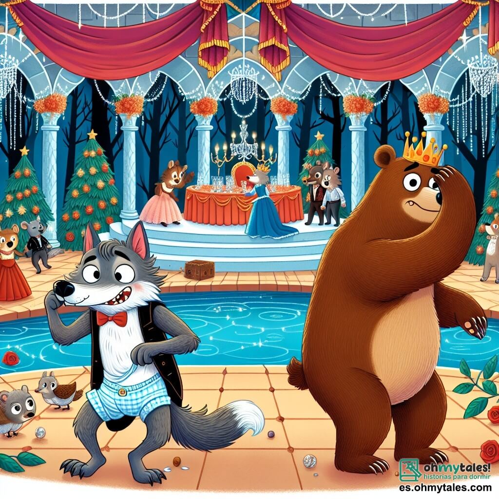 Une illustration destinée aux enfants représentant un loup maladroit et hilarant, se préparant pour une fête royale avec l'aide d'un élégant ours brun, dans une cueva somptueusement décorée avec des guirlandes scintillantes et une piste de danse le long de la rivière, où tous les animaux du Bosque de los Susurros se rassemblent pour une soirée inoubliable.