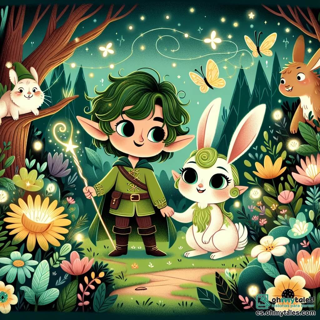 Une illustration destinée aux enfants représentant un petit elfe farceur aux cheveux verts, se trouvant dans une forêt enchantée remplie de fleurs lumineuses et d'animaux rigolos, accompagné d'un adorable lapin nommé Saltarín, à la recherche d'un trésor perdu.