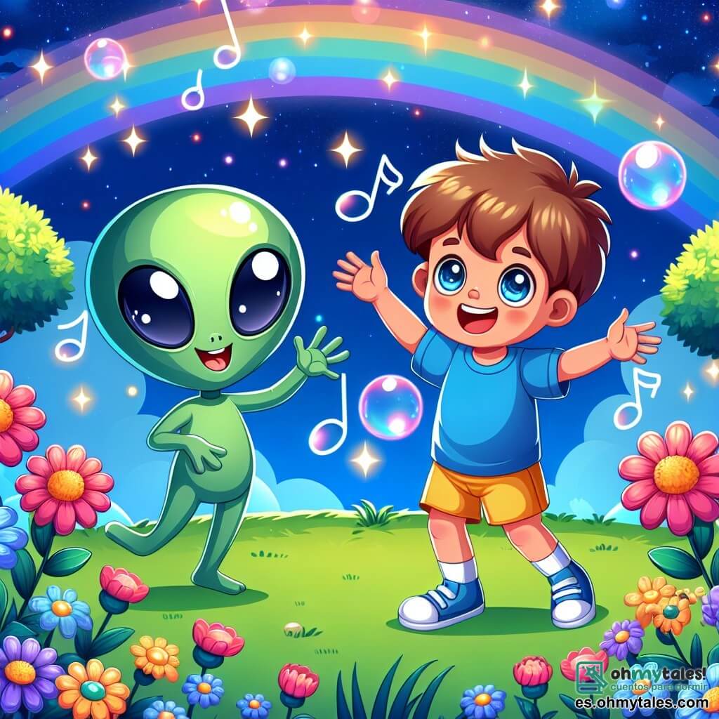 Une illustration sous forme de dessin destinée aux enfants représentant un jardin coloré sous un ciel étoilé, où un garçon de 5 ans aux cheveux bruns et aux yeux pétillants, vêtu d'un t-shirt bleu et d'un short jaune, joue joyeusement avec un extraterrestre vert brillant aux grands yeux ronds et un sourire amical, tandis qu'ils s'amusent à faire des bulles flottantes qui capturent la lumière des étoiles, entourés de fleurs chantantes et d'arbres aux couleurs vives, illustrant leur amitié naissante et leur aventure intergalactique.