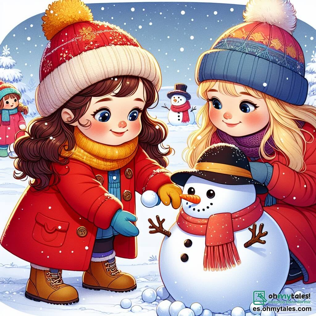 Une illustration sous forme de dessin destinée aux enfants représentant un paysage hivernal féerique, avec une petite fille de 2 ans aux cheveux bruns et bouclés, vêtue d'un manteau rouge vif, de gants bleus et d'un bonnet jaune, joyeusement en train de rouler des boules de neige pour construire un bonhomme de neige, tandis qu'une maman souriante aux cheveux longs et blonds l'observe avec tendresse, le bonhomme de neige ayant une carotte pour nez et un chapeau noir, le tout baigné dans une lumière douce et chaleureuse, avec des flocons de neige tombant doucement autour d'eux.