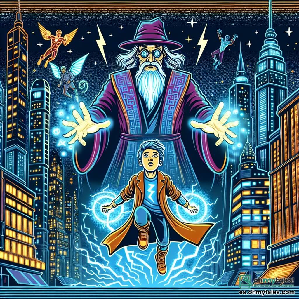 Une illustration destinée aux enfants représentant un jeune garçon doté de pouvoirs extraordinaires combattant un redoutable super-vilain avec l'aide d'un sage mentor dans une cité futuriste étincelante de lumières néon et de tours scintillantes.