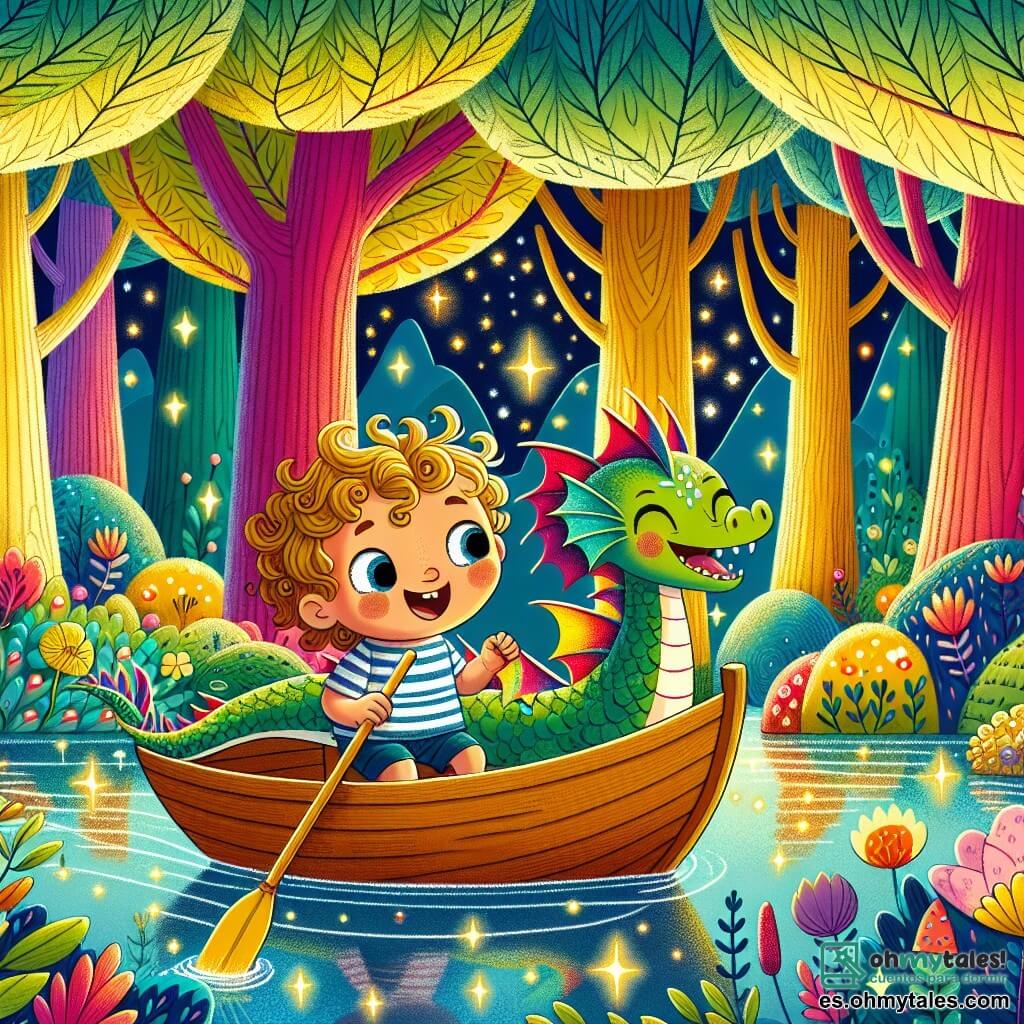 Une illustration sous forme de dessin destinée aux enfants représentant un magnifique Bosque de los Sueños, avec des arbres aux troncs colorés et des fleurs dansantes, où un garçon de 3 ans aux cheveux bouclés et aux yeux pétillants, vêtu d'une chemise rayée et d'un short, navigue joyeusement dans un petit bateau fait de feuilles et de fleurs, accompagné d'un dragon miniature aux écailles brillantes comme un arc-en-ciel, qui sourit et lui montre les étoiles scintillantes qui reflètent dans l'eau, illustrant ainsi leur aventure magique et le courage qu'ils découvrent ensemble.
