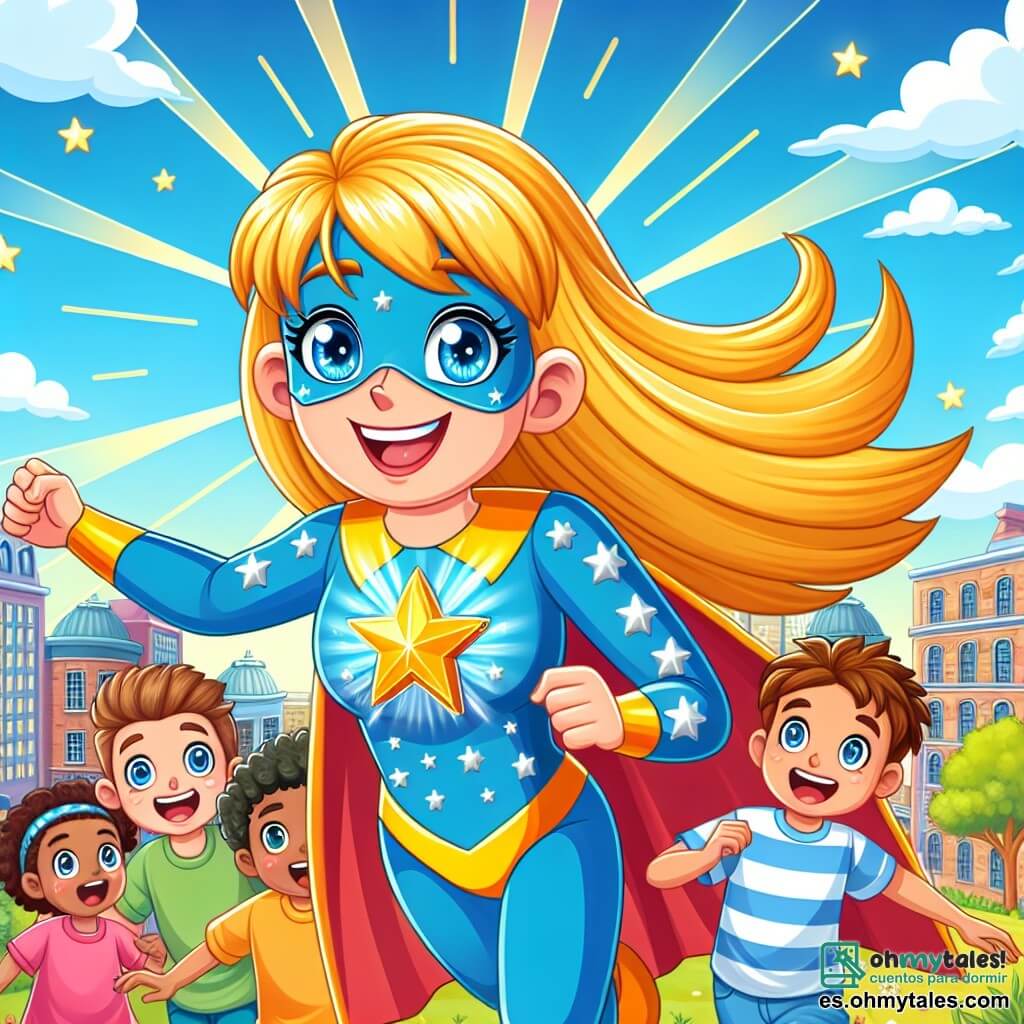 Une illustration sous forme de dessin destinée aux enfants représentant une scène colorée dans un parc ensoleillé de Brillópolis, où une super-héroïne aux longs cheveux dorés et aux yeux bleus brillants, vêtue d'un costume bleu et jaune orné d'étoiles argentées, sourit en volant au-dessus d'un groupe de cinq enfants, trois garçons et deux filles, qui l'observent avec émerveillement, chacun portant des vêtements colorés et affichant des expressions de joie et d'excitation, alors qu'ils s'apprêtent à participer à une course de relais pour apprendre à travailler ensemble et à devenir des héros.