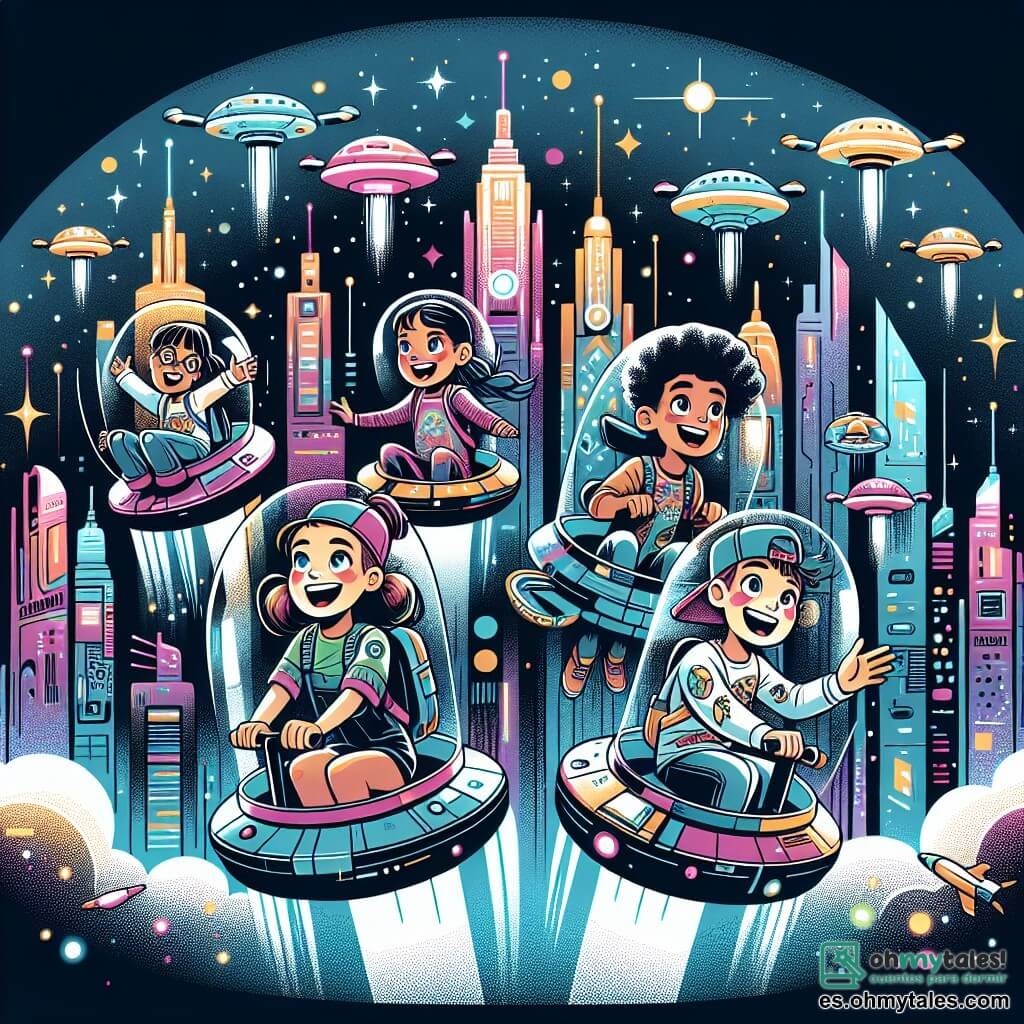 Une illustration sous forme de dessin destinée aux enfants représentant une ville futuriste appelée Estrellópolis, avec des bâtiments brillants et colorés qui scintillent sous un ciel étoilé, où un groupe de quatre enfants de 9 ans, deux filles aux cheveux bouclés et aux vêtements colorés et deux garçons avec des casquettes et des t-shirts graphiques, volent joyeusement dans des capsules flottantes, entourés de drones lumineux, alors qu'ils découvrent les merveilles de leur ville tout en surmontant une légère tempête, illustrant l'esprit d'aventure et d'amitié.