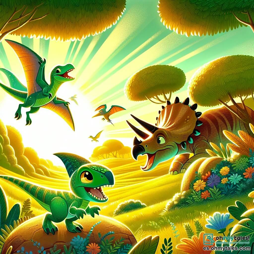 Une illustration sous forme de dessin destinée aux enfants représentant une vaste llanura verdoyante baignée de lumière dorée, où un petit vélociraptor à la peau verte et aux yeux pétillants court joyeusement, entouré de son ami un triceratops aux cornes majestueuses qui pousse un grand rocher, tandis qu'un pterodactyle aux ailes colorées vole au-dessus d'eux, tous trois s'amusant ensemble dans une scène pleine de joie et d'amitié.
