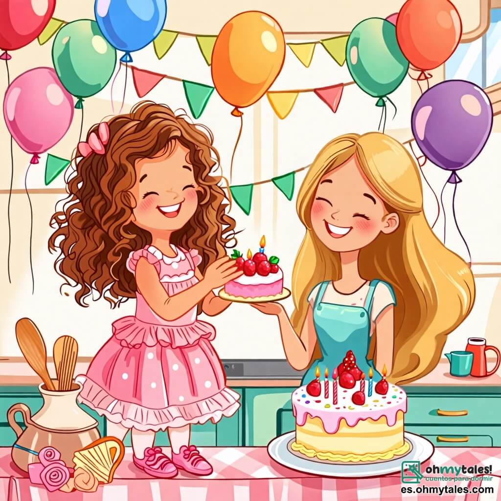 Une illustration sous forme de dessin destinée aux enfants représentant une cuisine chaleureuse et colorée, avec des ballons et des guirlandes accrochés aux murs, où une petite fille de 2 ans, aux cheveux bouclés et bruns, portant une robe rose à volants, sourit joyeusement en tenant une part de gâteau, tandis que sa maman, une femme souriante aux cheveux longs et blonds, se tient à côté d'elle, applaudissant avec fierté, le tout dans une ambiance festive et joyeuse, avec un grand gâteau décoré de bougies colorées sur la table.