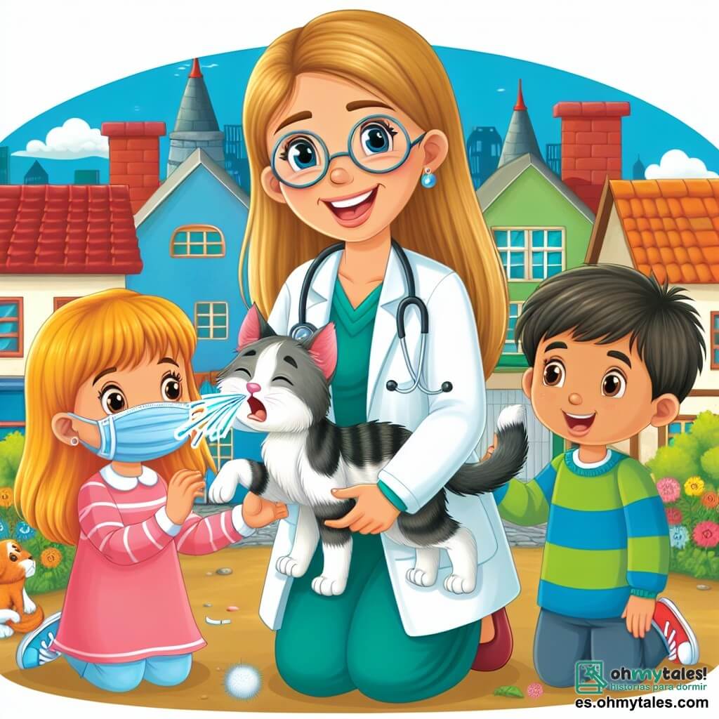 Une illustration destinée aux enfants représentant une médecin au sourire radieux, venant en aide à un chaton éternuant, accompagnée de deux enfants curieux, dans un village coloré et animé appelé Villa Esperanza.
